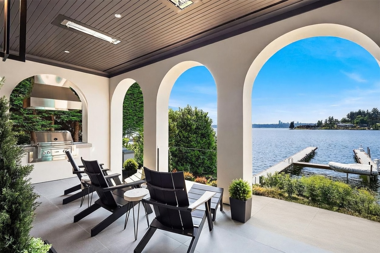 This luxurious covered patio features a series of elegant white arches that frame a stunning waterfront view of a lake and distant city skyline. The space is equipped with a built-in stainless steel grill and hood, comfortable modern outdoor seating, and a sleek dark-toned ceiling with integrated lighting. The open-air design seamlessly connects the indoor living area to the outdoor deck, which overlooks a private dock and calm water.