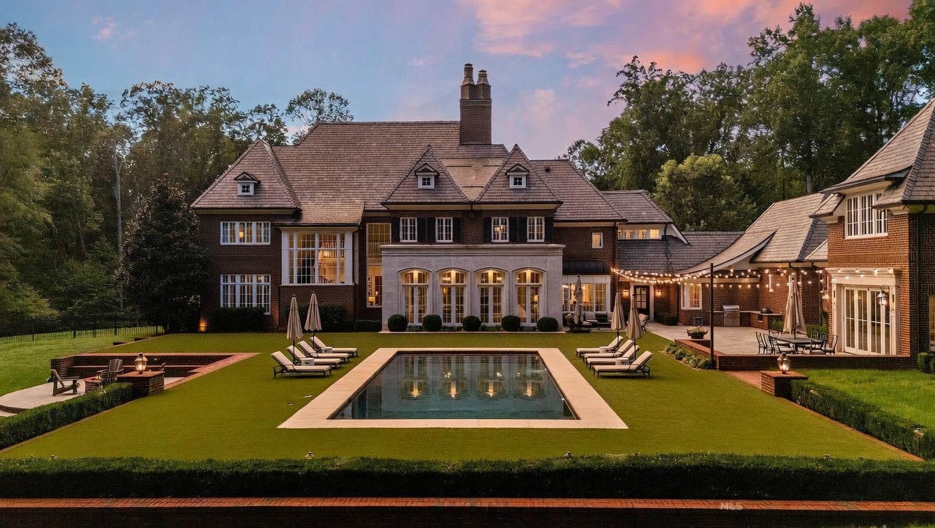 This expansive rear view of a grand brick estate showcases a symmetrical architectural design with a prominent central chimney and multiple gabled rooflines. The property features a manicured lawn surrounding a rectangular swimming pool, complemented by a stone-paved patio area adorned with string lights and outdoor seating. The scene is captured at dusk, with the warm glow of interior and exterior lighting creating an inviting and luxurious atmosphere.