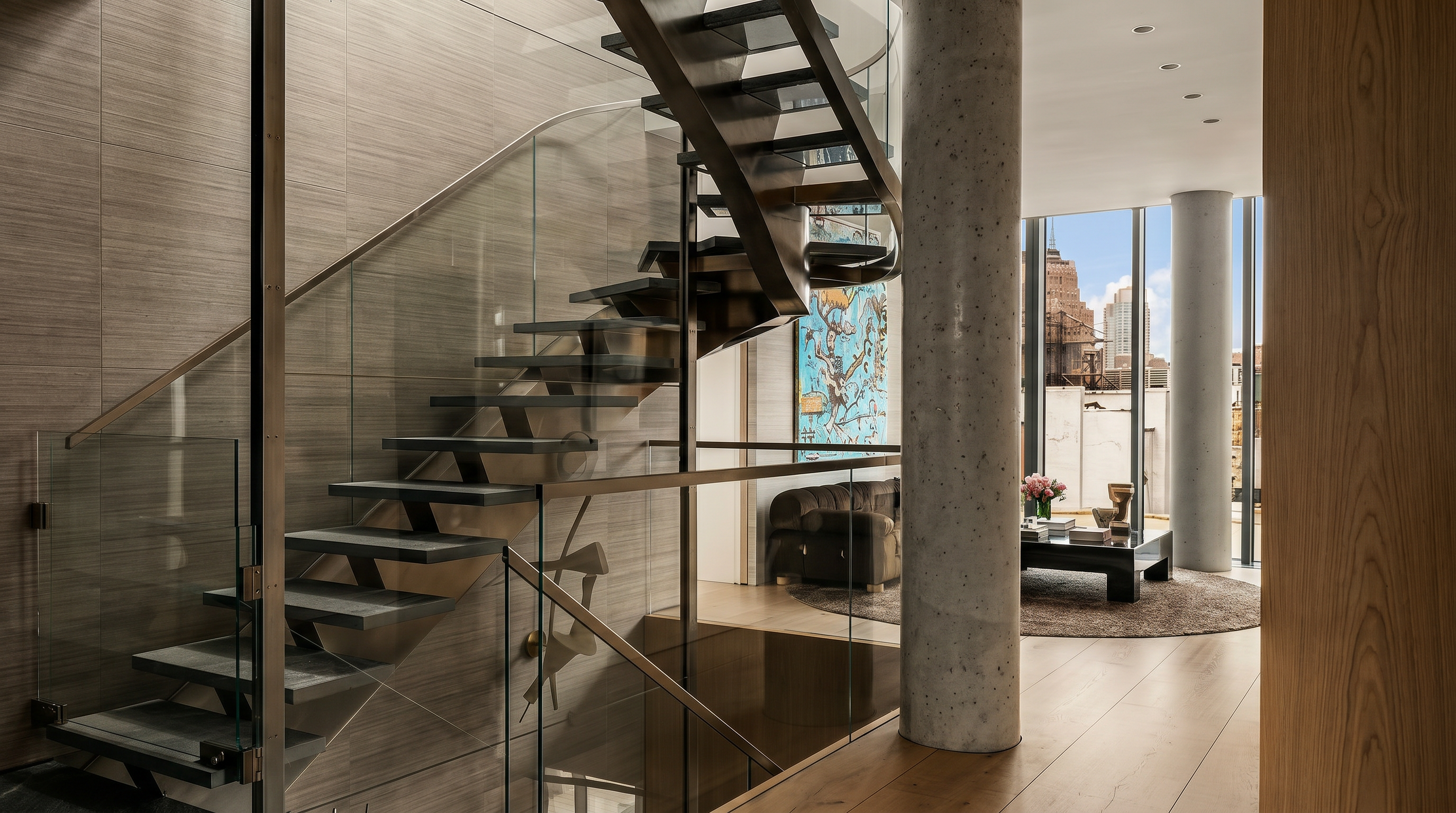 This sophisticated interior space features a striking, curved floating staircase with glass railings that serves as a central architectural focal point. The foreground showcases wide-plank light wood flooring, while a prominent concrete structural column adds an industrial-modern touch. Beyond the stairs, a glimpse into the adjacent living area reveals a view of the city skyline through expansive glass walls, creating an open and airy atmosphere.