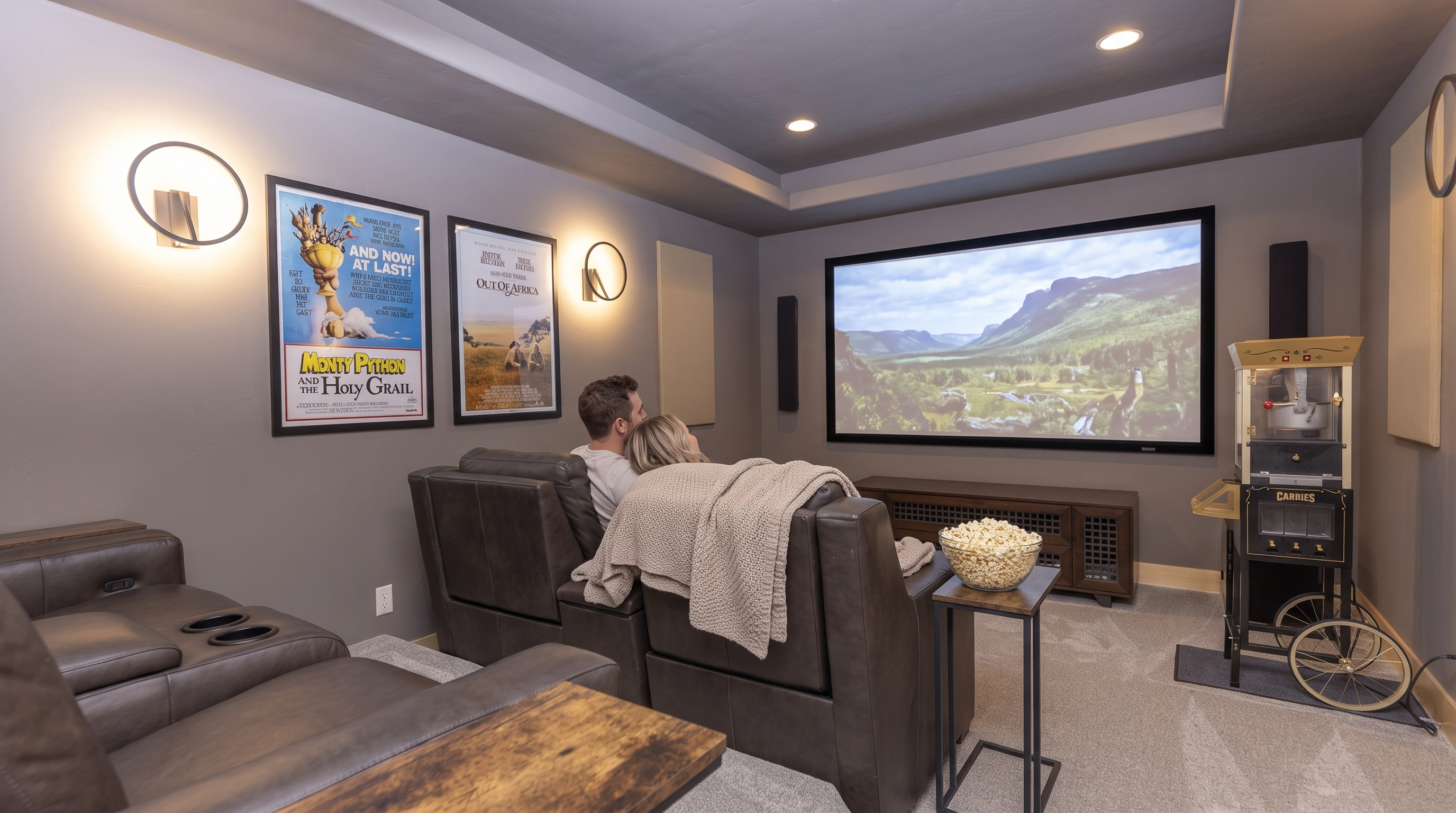 This cozy home theater features plush, dark leather reclining seating and a large projector screen, creating an immersive cinematic experience. The room is decorated with framed vintage movie posters, ambient wall lighting, and a charming, vintage-style popcorn cart. A low-profile media console and neutral carpeting complete this well-designed, dedicated entertainment space.