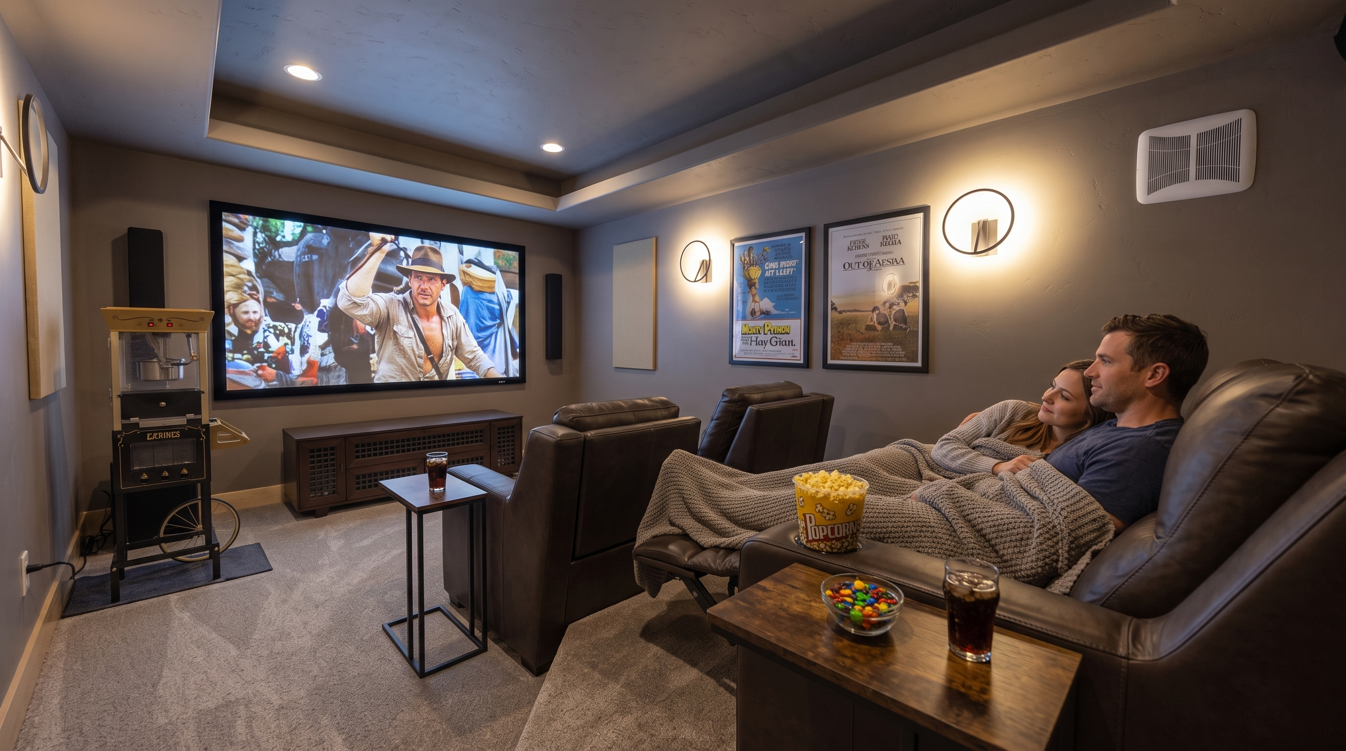 This cozy, purpose-built home theater features tiered leather reclining seating, a large screen, and ambient wall sconces, creating an immersive cinematic experience. The space includes thoughtful amenities like a vintage-style popcorn machine, dedicated side tables for refreshments, and framed movie posters, making it a highly desirable feature for luxury residential properties.