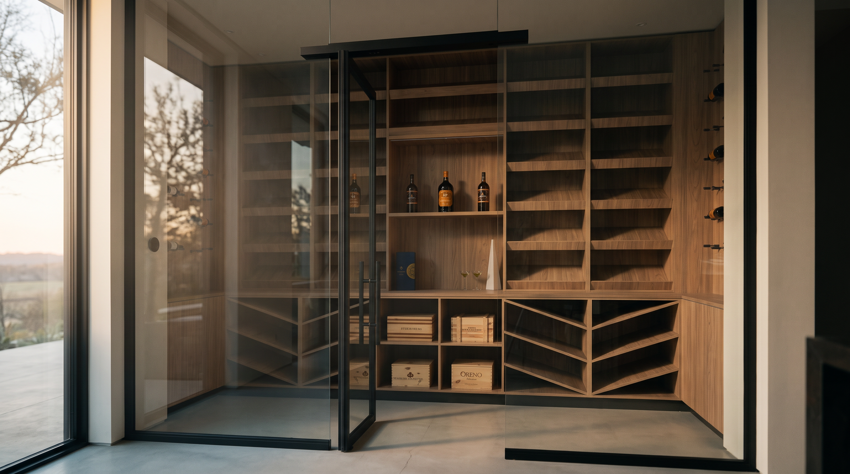 This sophisticated wine cellar features custom light wood shelving with both horizontal bottle racks and angled display cubbies. A central section showcases select bottles on a flat shelf, while the entire space is enclosed behind a sleek, black-framed glass door. The minimalist design creates a clean, organized, and high-end aesthetic perfect for wine storage.