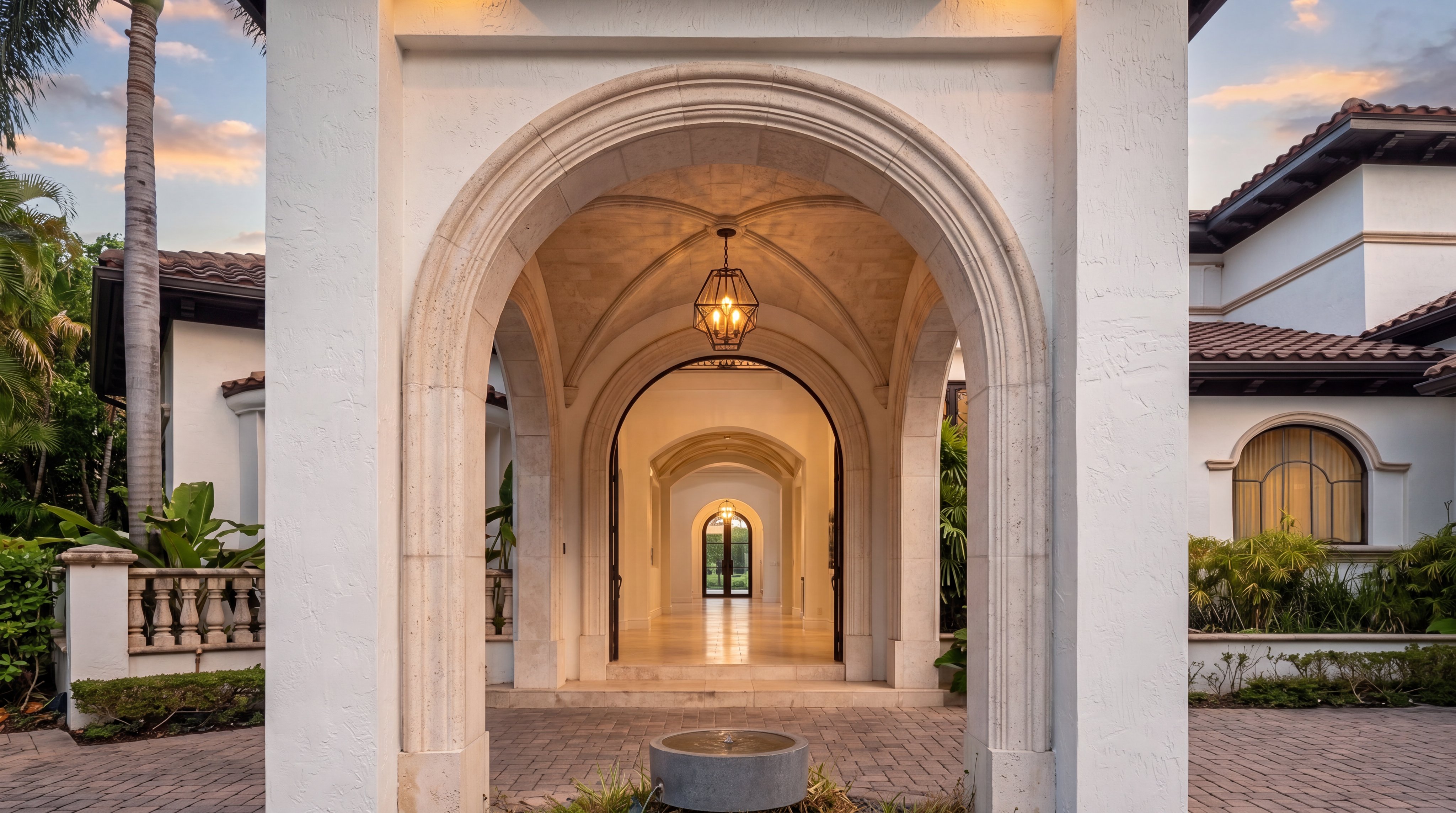 This grand entryway features a series of striking arched stone porticos that create a dramatic, symmetrical tunnel effect leading into the home. The bright white stucco architecture is complemented by elegant lantern-style light fixtures, a central stone water feature, and warm, inviting ambient lighting. Its sophisticated Mediterranean-inspired design offers a luxurious and inviting first impression.