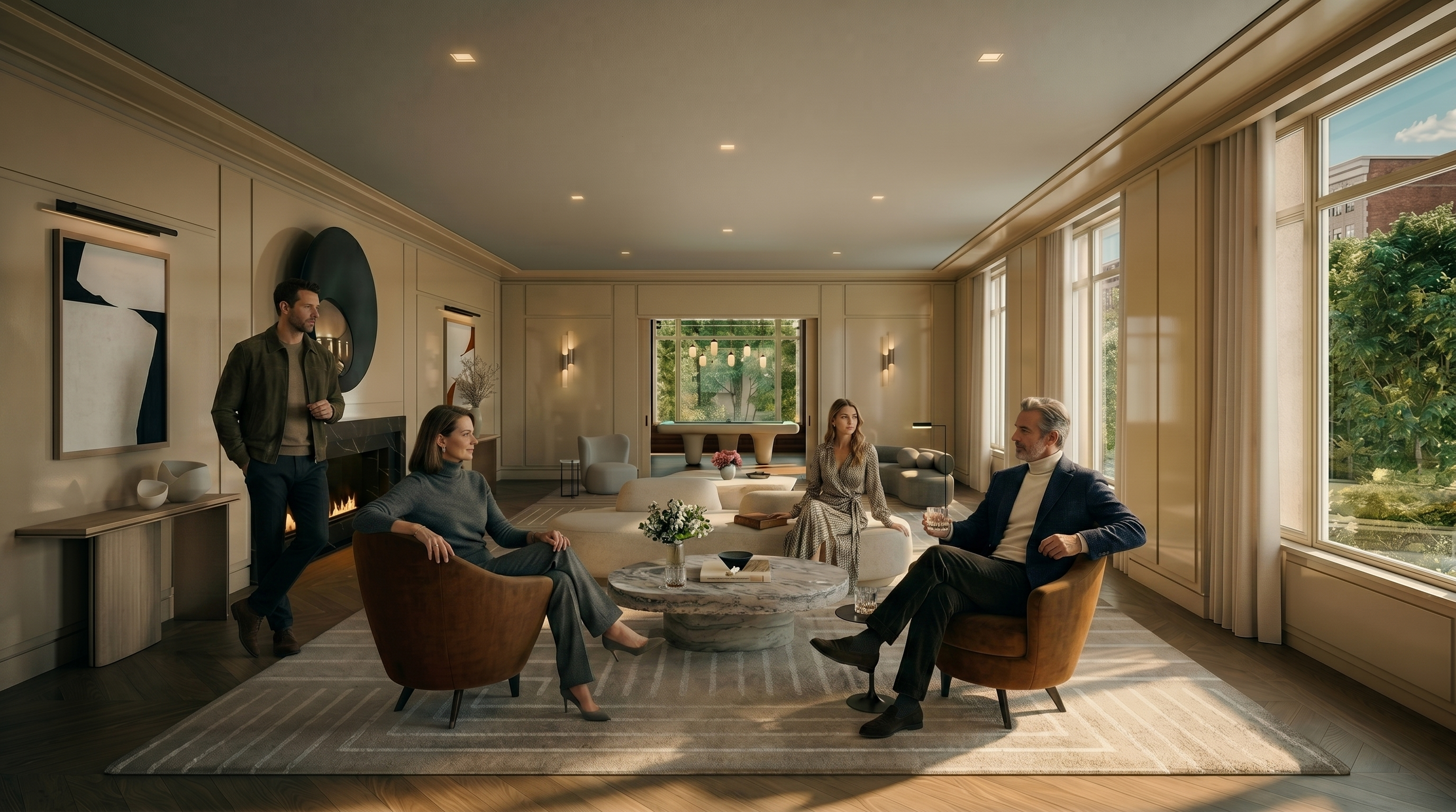 This expansive, light-filled living room features a sophisticated neutral palette with elegant wall paneling and light wood flooring. The space is anchored by a dark stone fireplace surround and a large, circular coffee table, complemented by plush, curved seating and two prominent rust-colored armchairs. Large windows along the right wall provide ample natural light and views of the outdoors, creating an airy and luxurious atmosphere.