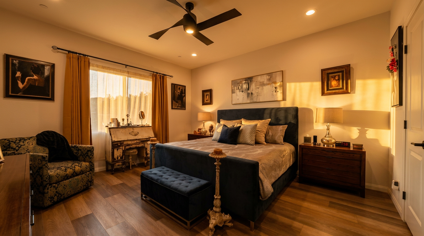 This primary bedroom features a large, dark blue upholstered bed frame as the central focal point, complemented by a matching tufted bench at the foot. The room is decorated with warm-toned curtains, a vintage-style writing desk, and a patterned armchair, all set against light-colored walls and wood-look flooring. A ceiling fan with integrated lighting provides overhead illumination, while framed artwork and bedside lamps add a personalized, cozy touch to the space.