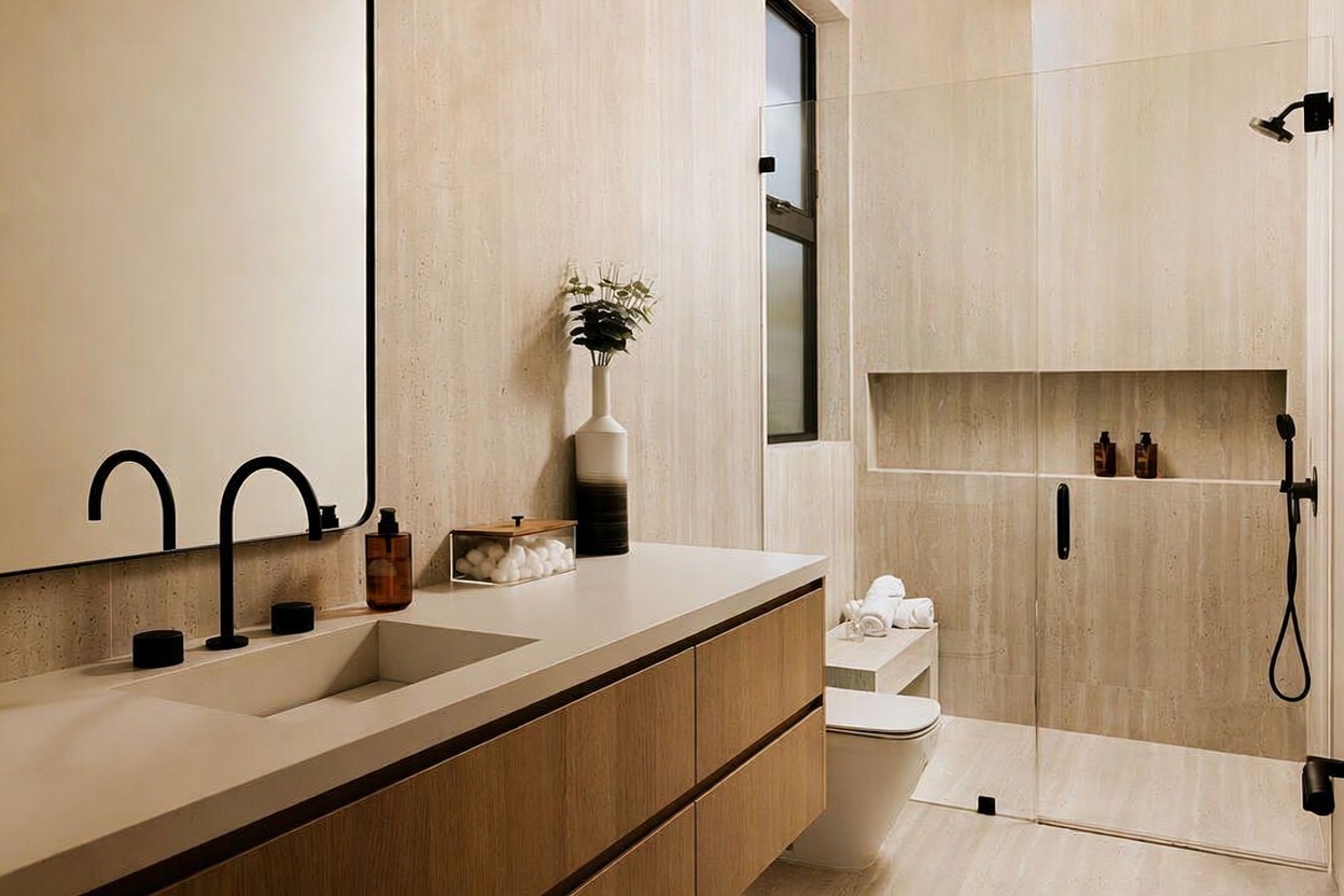This modern bathroom features a sleek vanity with a light wood finish and a stone countertop, paired with a minimalist black faucet and a large mirror. A glass-enclosed walk-in shower with a built-in wall niche and a handheld showerhead sits adjacent to the vanity, creating a cohesive and spa-like aesthetic. The room is finished with neutral, vertically-oriented stone wall tiles that provide a clean, sophisticated look.