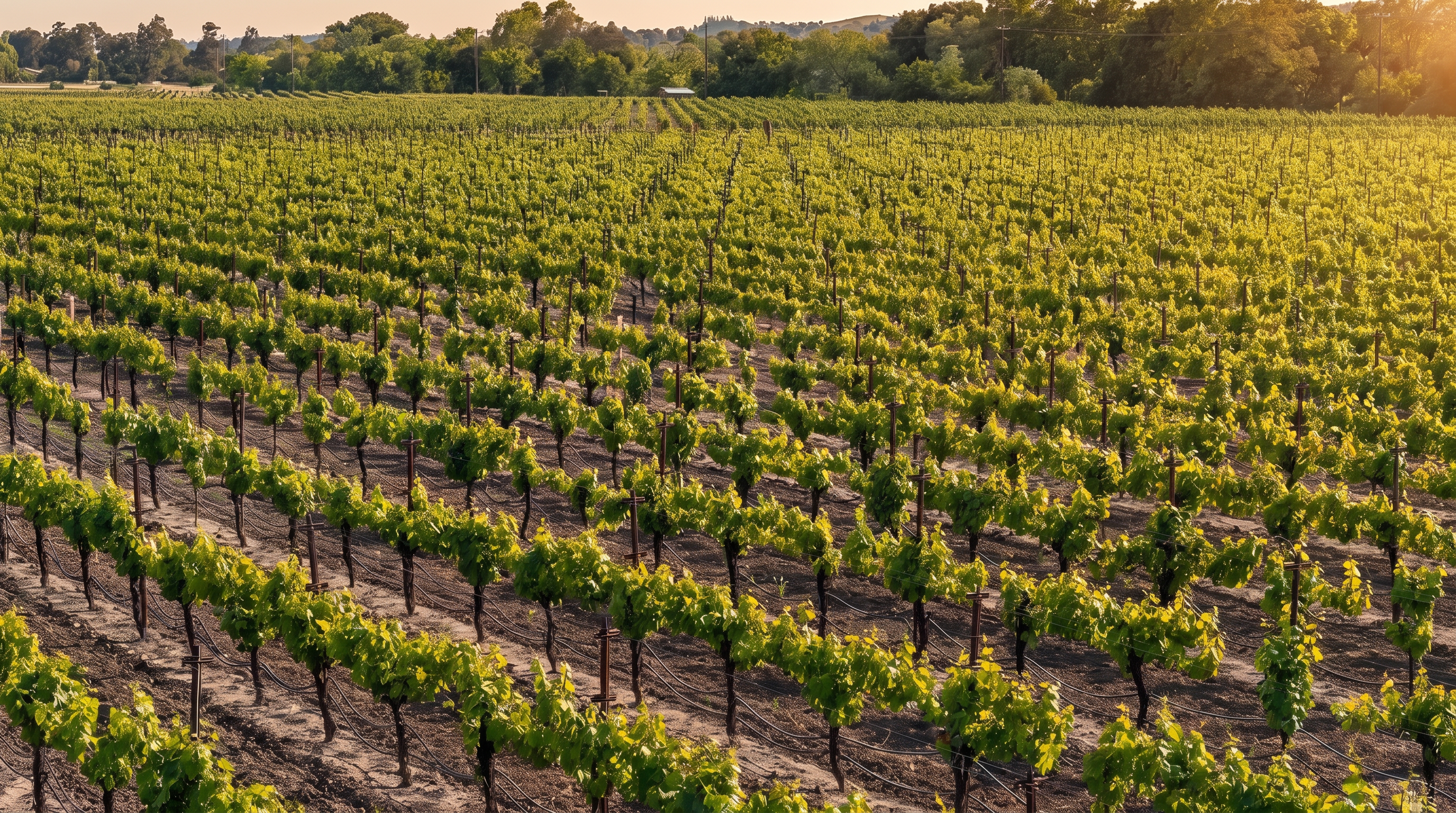 This image captures a sprawling, well-maintained vineyard with rows of grapevines stretching into the distance. The perspective is slightly elevated, showcasing the orderly layout of the vines, irrigation lines, and the lush green foliage against a backdrop of mature trees. The scene conveys a sense of agricultural productivity and serene, open space typical of a vineyard estate.