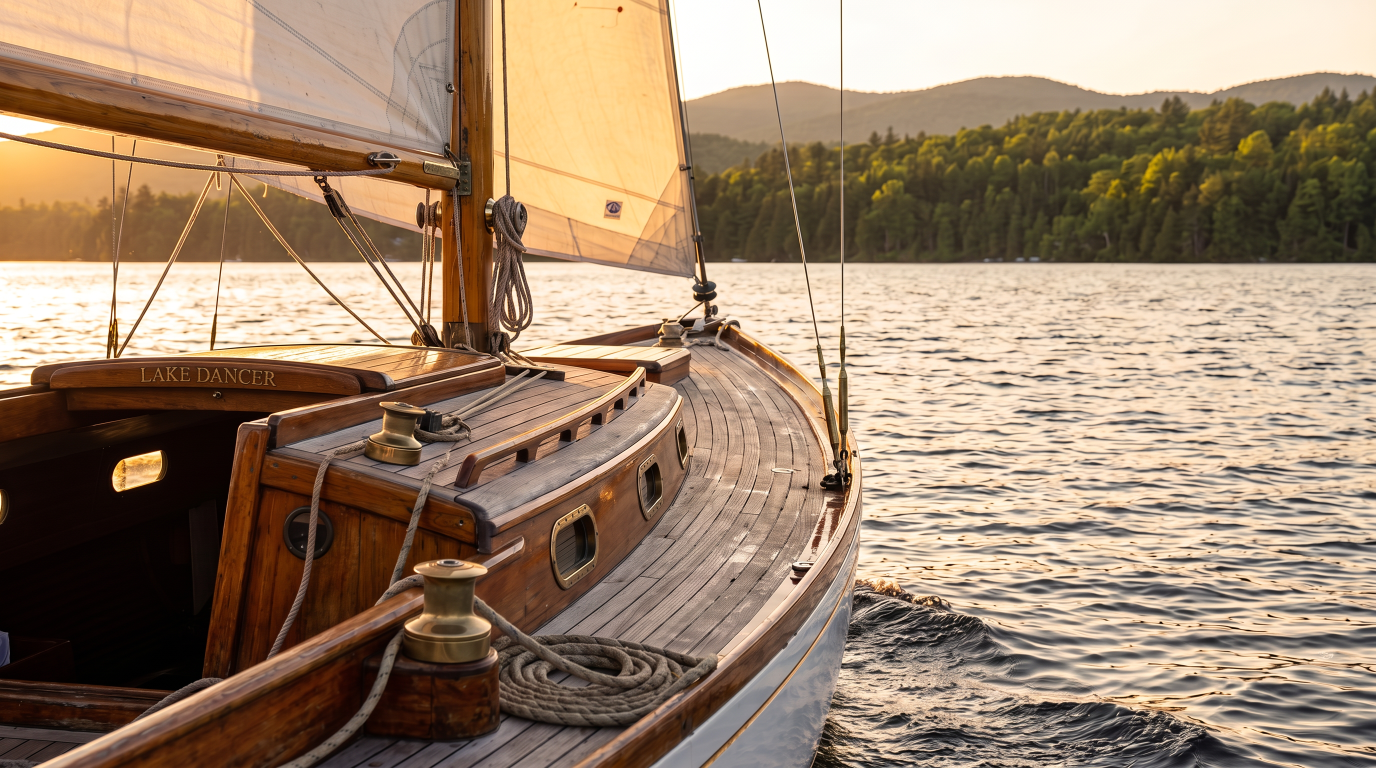 This image focuses on the wooden deck of a classic 'Lake Dancer' sailboat as it glides across a tranquil lake at sunset. The craftsmanship of the varnished wood and brass fittings highlights a nautical lifestyle, while the backdrop features a scenic shoreline with a large, upscale home nestled among the trees. It captures an aspirational, recreational lifestyle element often associated with waterfront luxury real estate.