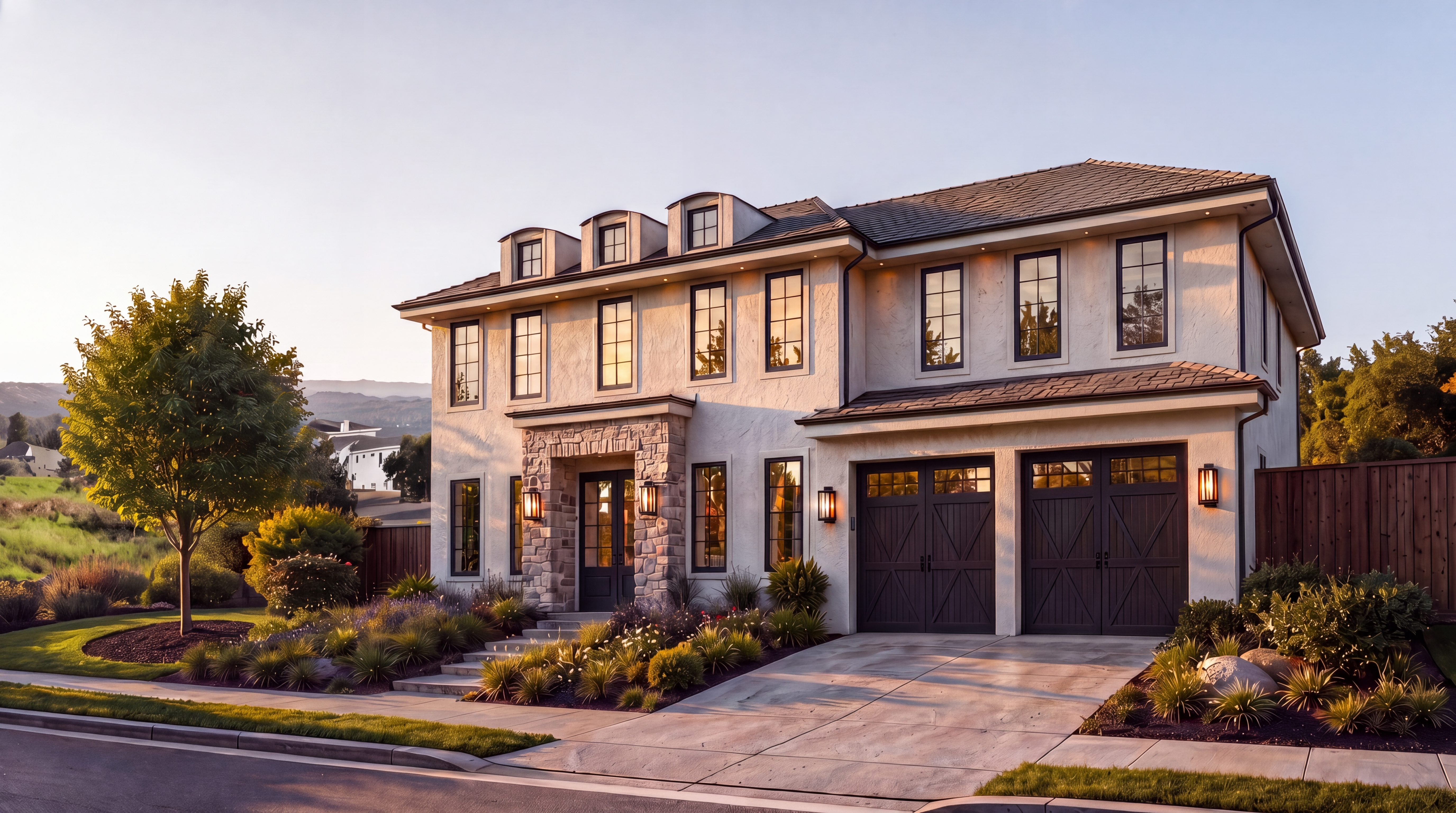 This is a sophisticated, custom-built two-story home featuring a combination of stucco and stone veneer finishes that give it a stately, transitional aesthetic. The facade includes a grand entryway, symmetrically placed windows with black trim, and a spacious attached three-car garage. A well-manicured, drought-tolerant landscape complements the home's refined architecture, creating an inviting and upscale street presence.