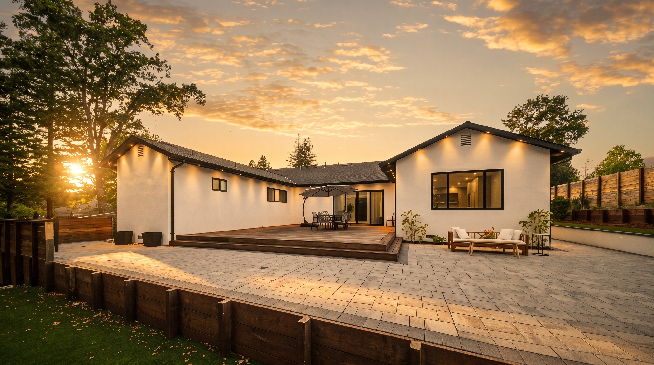 This rear view of a modern, white-stucco home showcases a spacious, multi-level outdoor living area featuring a raised wooden deck and a large, light-colored paver patio. The home is accented with black window frames and recessed exterior lighting, creating a clean, contemporary aesthetic against a sunset sky. A low wooden retaining wall separates the patio from a manicured lawn, providing a well-defined and inviting space for outdoor entertaining.