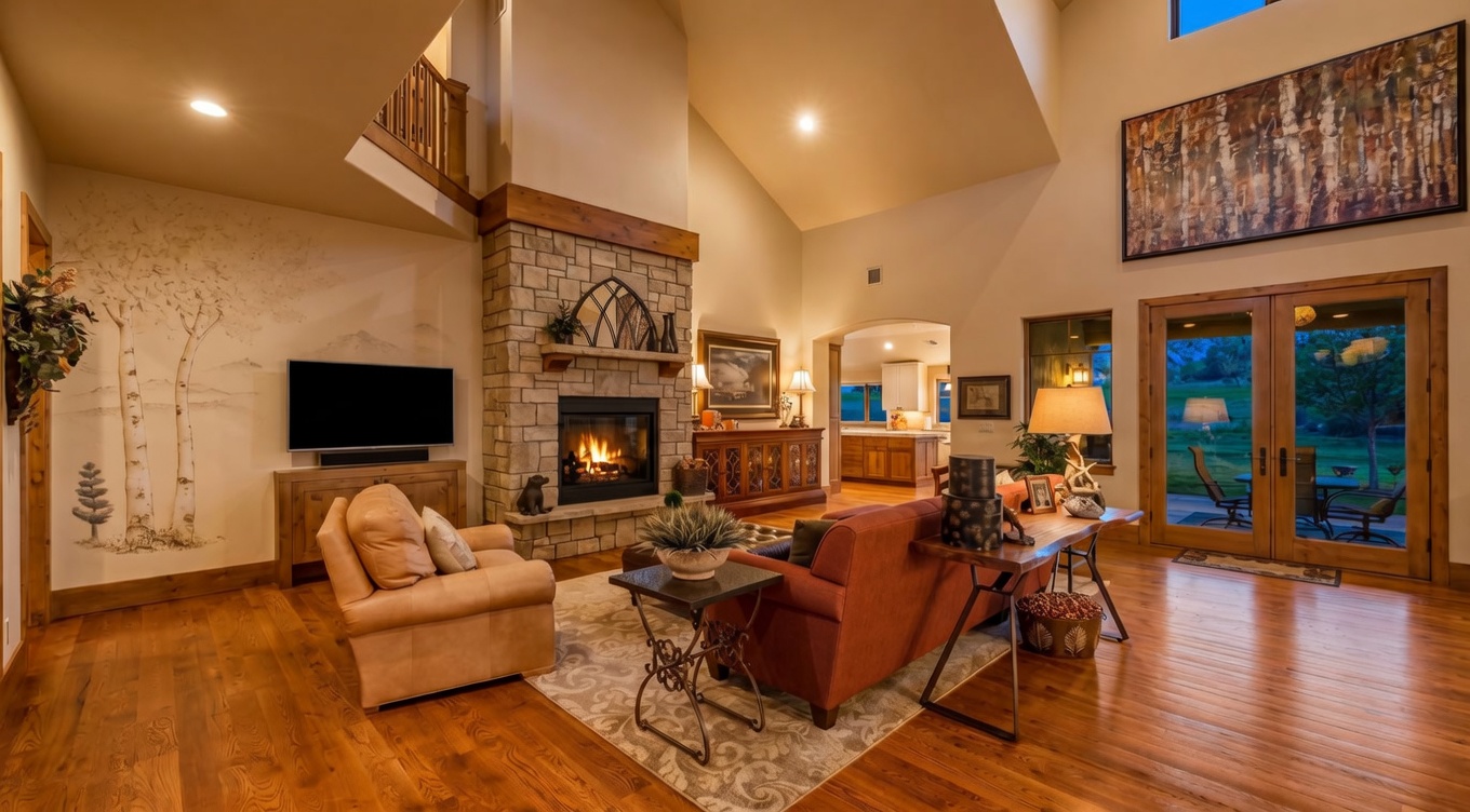 This spacious living room features vaulted ceilings and warm wood flooring, creating an inviting and open atmosphere. A prominent stone-clad chimney breast serves as the focal point, housing a fireplace with a wooden mantel, while a large wall mural of birch trees adds a unique artistic touch. The room flows seamlessly into an adjacent kitchen area and opens to the outdoors through glass-paned double doors, offering a bright and airy perspective.