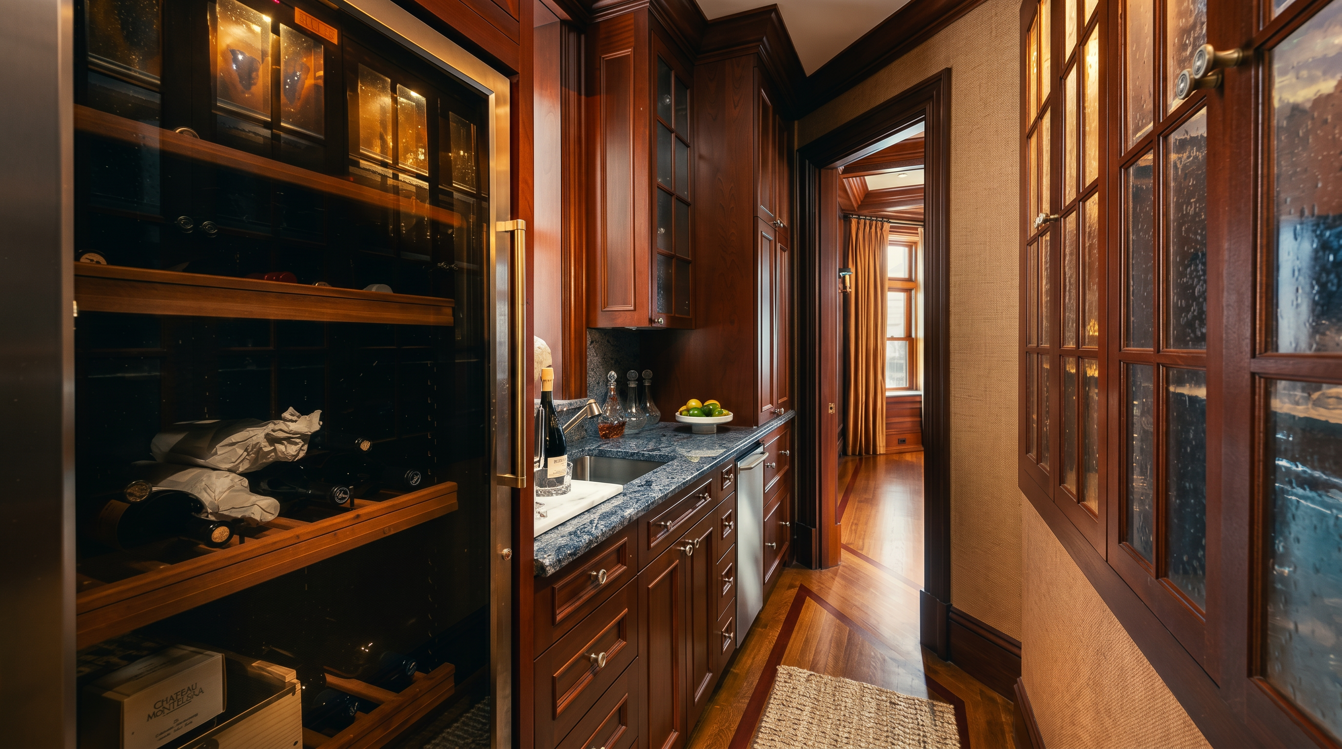This sophisticated butler's pantry and wine storage area features rich, dark wood cabinetry and a built-in wine refrigerator. A small sink with a stone countertop is nestled between the cabinetry, while glass-fronted cabinets on the right provide elegant display space. The warm, polished wood flooring and textured wall covering create a refined, classic atmosphere that leads into an adjacent room.