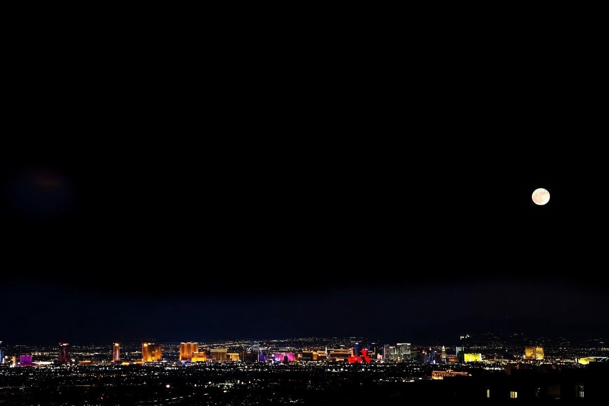 This wide-angle night shot captures a panoramic view of the Las Vegas skyline from an elevated vantage point. The city lights create a vibrant, glowing horizon against the dark night sky, which is punctuated by a bright, full moon. The perspective suggests a high-rise or hillside location, emphasizing the expansive and dramatic urban scenery.