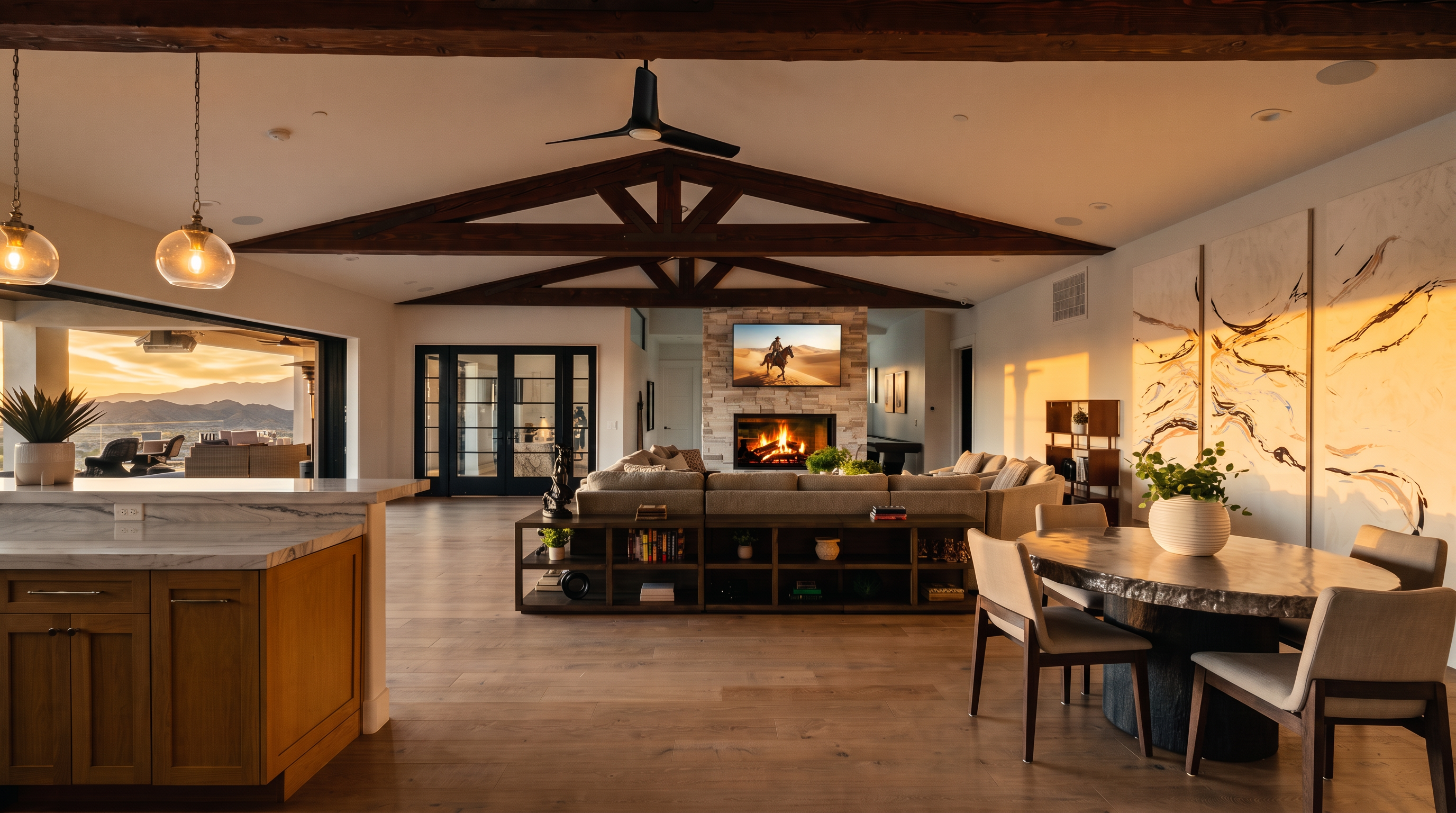 This expansive, open-concept living area features stunning vaulted ceilings with exposed wood trusses and a modern black ceiling fan. The room highlights a cozy stone fireplace, a spacious sectional sofa paired with a functional bookshelf console, and elegant dining area, all set against neutral walls and hardwood flooring. Large glass sliding doors seamlessly connect the indoors to an outdoor patio with scenic mountain views, creating a luxurious and airy atmosphere.