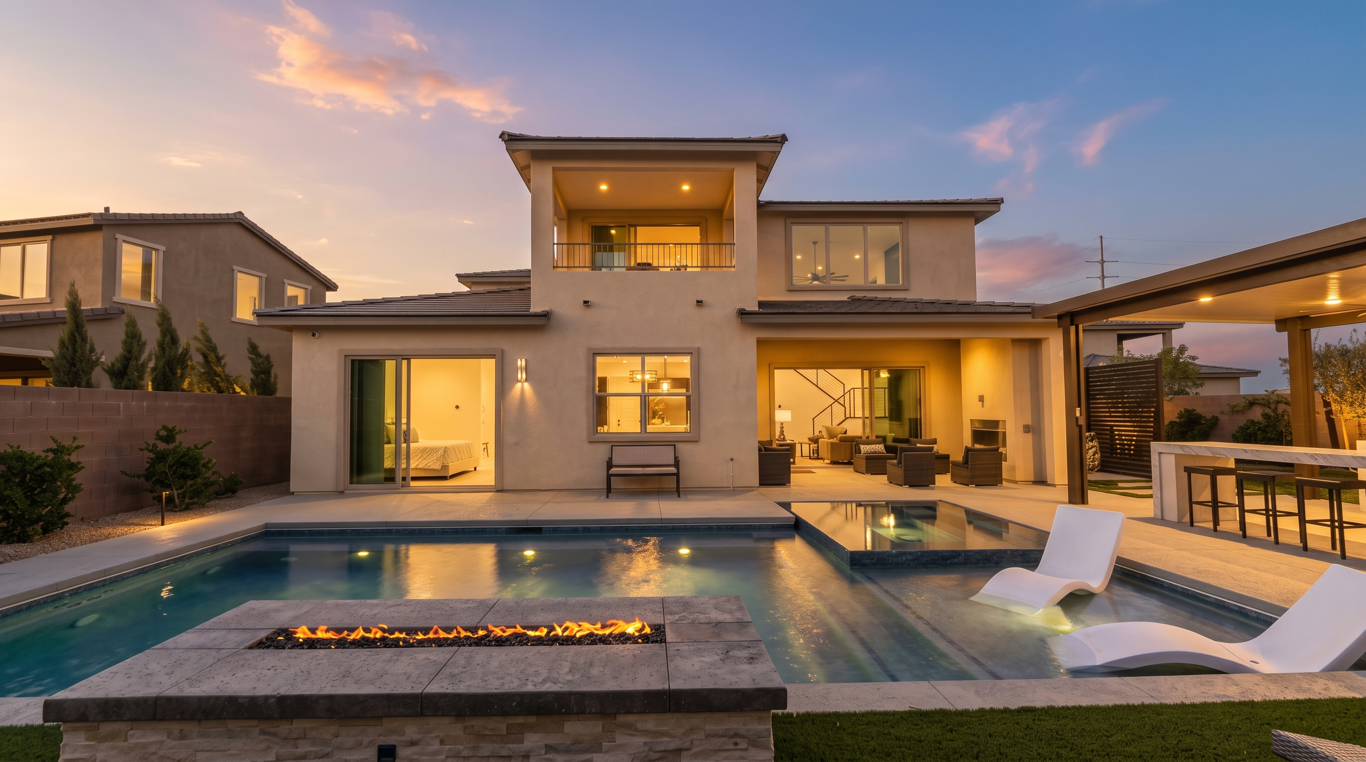 This stunning rear view of a modern two-story home showcases a luxurious backyard oasis at twilight. The scene features a sparkling swimming pool with integrated lounge chairs, a stone-clad fire pit, and a covered patio area perfect for outdoor entertaining. The home's architecture is highlighted by warm interior lighting, large sliding glass doors, and a second-story balcony, creating an inviting and sophisticated atmosphere.
