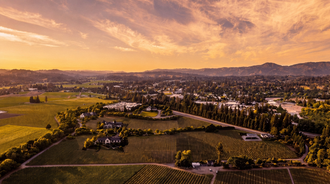 This breathtaking aerial view captures a sprawling estate nestled within extensive vineyards under a vibrant, golden sunset sky. The landscape features rolling terrain, neatly manicured vineyard rows, mature evergreen trees, and several distinct residential structures. It evokes an atmosphere of rural luxury, privacy, and expansive natural beauty, ideal for high-end real estate presentation.