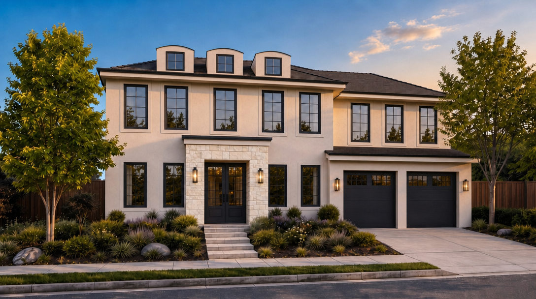 This elegant two-story residence features a modern Mediterranean-inspired design with a clean stucco facade and dark-framed windows. The home includes a stacked stone entryway, an attached double garage, and a beautifully landscaped front yard, creating a polished and inviting curb appeal.