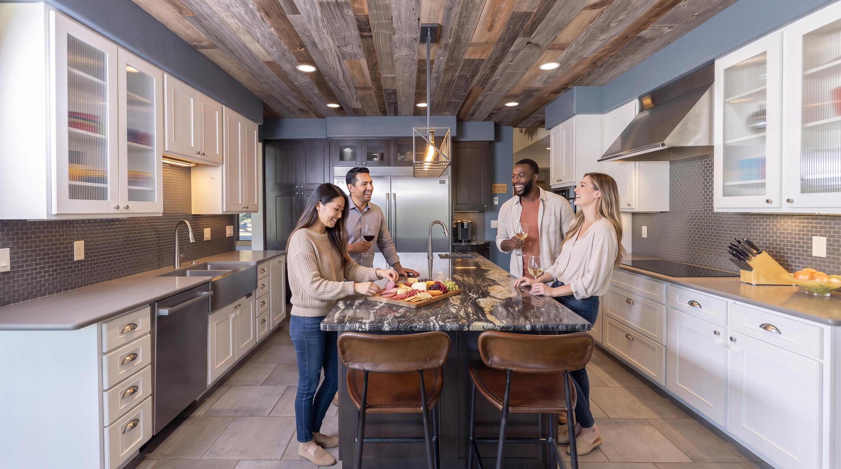 This bright, contemporary kitchen features an expansive center island with high-contrast granite countertops, perfect for socializing and meal prep. The space is highlighted by a rustic reclaimed wood-plank ceiling, white shaker-style cabinetry, and high-end stainless steel appliances, creating a warm yet sophisticated atmosphere. It is an inviting, open-concept area that combines functional design with an elegant aesthetic.