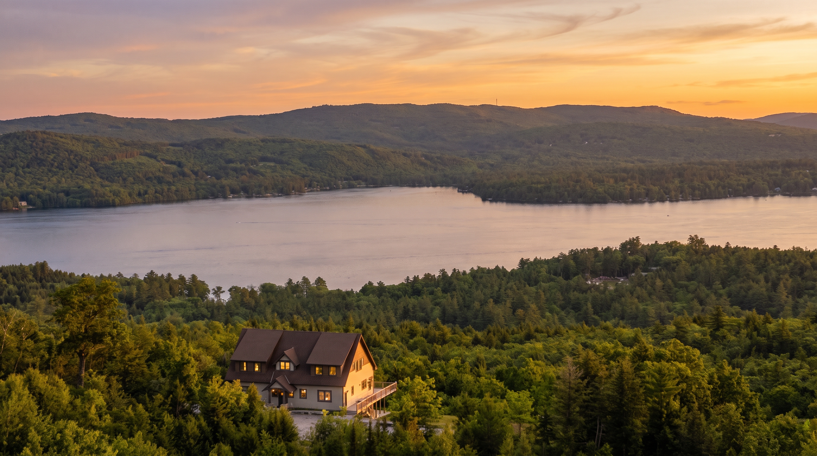 This elevated aerial view showcases a multi-level mountain-style residence overlooking a sprawling, serene lake surrounded by dense, lush forest. The home features a complex roofline and an expansive outdoor deck, perfectly positioned to capture the breathtaking, panoramic natural landscape. The setting offers a peaceful and secluded retreat, highlighting the home's premier location for scenic views and tranquility.