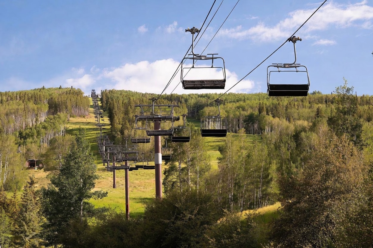This image captures a scenic view of a ski lift ascending a lush, green mountainside covered in dense aspen and pine forests. The perspective is from an elevated position, looking out over the chairlift line as it travels up the slope under a bright blue sky with scattered clouds. This amenity highlights the property's proximity to outdoor recreational activities and mountain access.