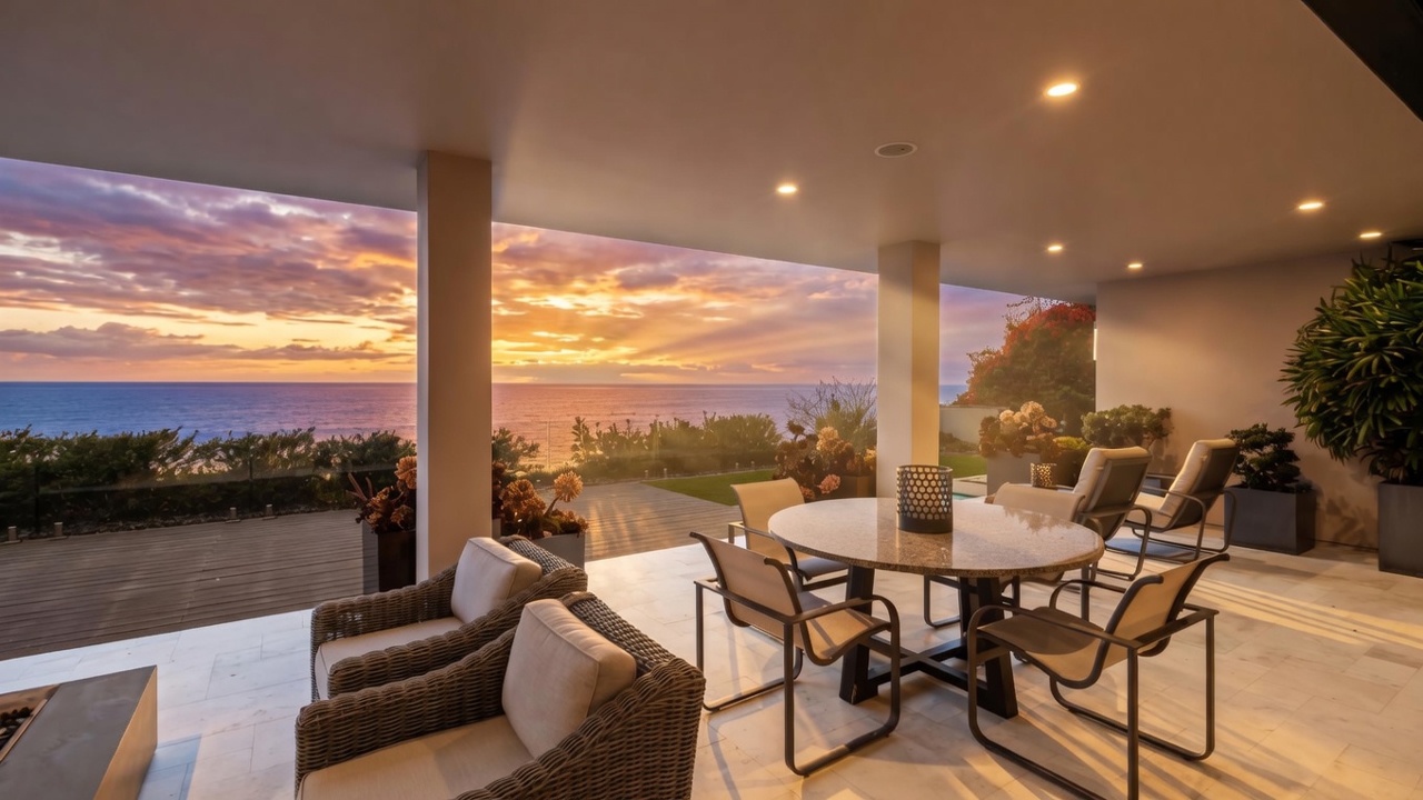 This expansive covered patio offers a seamless transition to an outdoor living space with stunning, unobstructed ocean views. The area is furnished with a round dining table and comfortable lounge seating, all set upon light-toned stone flooring. The open-air design creates a sophisticated, tranquil atmosphere perfect for coastal entertaining.