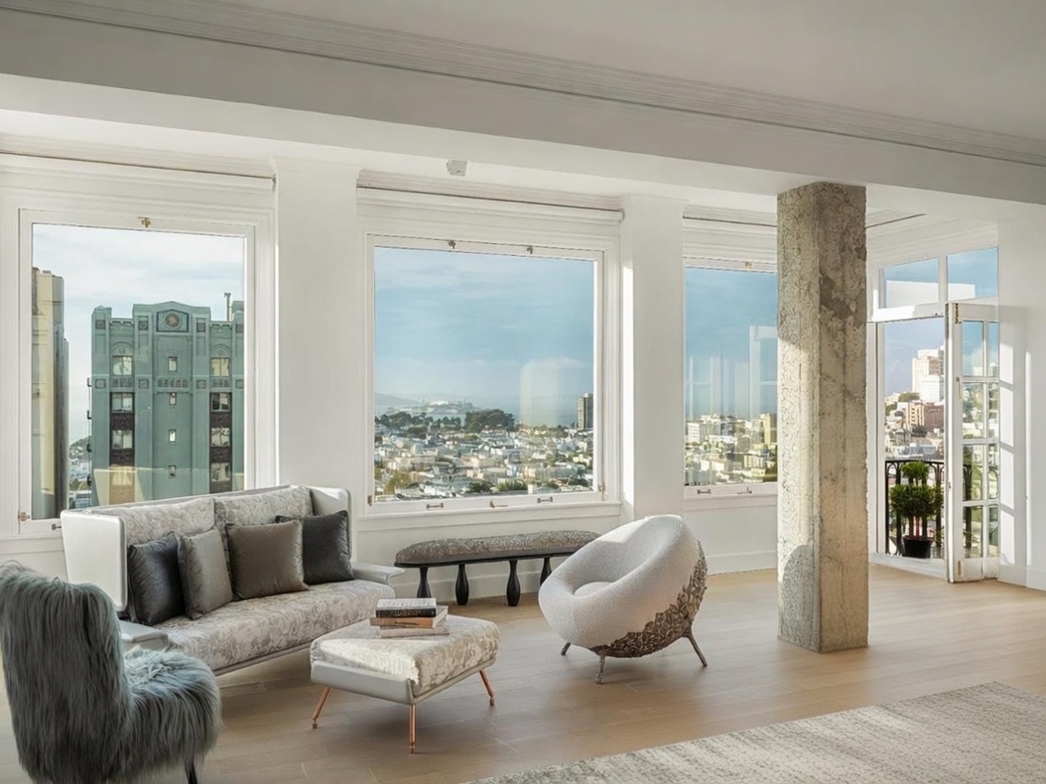 This sophisticated living room features a neutral color palette and an open-concept layout that emphasizes the expansive city and bay views through large windows. The space is furnished with a plush sofa, a textured armchair, and a central ottoman, all arranged to take advantage of the natural light. A prominent, raw concrete structural column adds an industrial contrast to the refined interior, while the light wood flooring provides a warm, cohesive foundation.