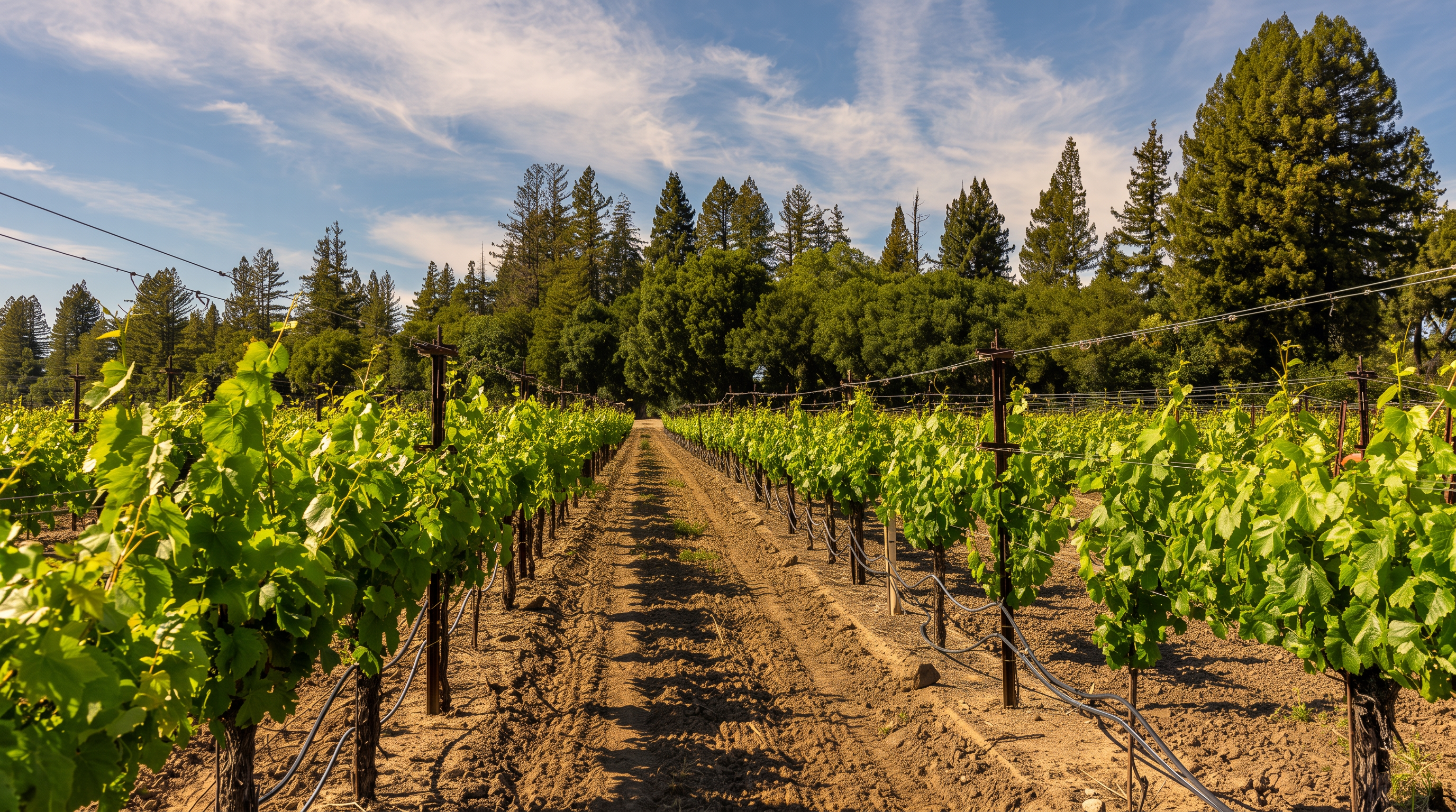 This image captures a well-maintained vineyard row stretching into the distance, framed by lush green grapevines supported by a wire trellis system. The foreground features tilled, dark soil, while the background is anchored by a dense line of mature evergreen trees under a bright blue sky with wispy clouds. The perspective is a centered, eye-level shot looking down the path, emphasizing the orderly and expansive nature of the property.