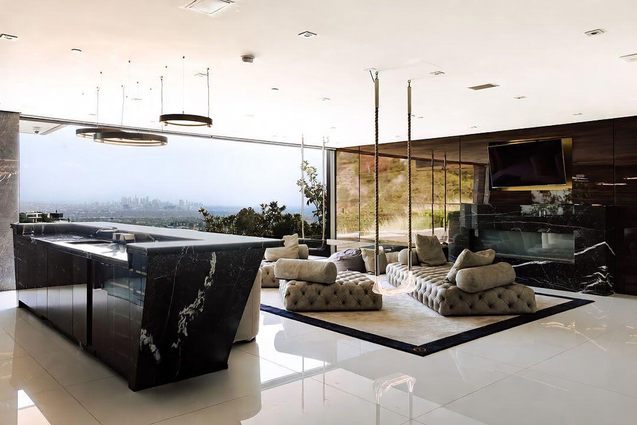 This ultra-modern, open-concept living space features a striking black marble bar and fireplace, complemented by plush, tufted grey lounge seating. The room is defined by its seamless indoor-outdoor transition, with floor-to-ceiling glass walls offering a panoramic view of the city skyline. A unique hanging swing chair adds a playful, luxurious touch to the sophisticated, high-end interior design.