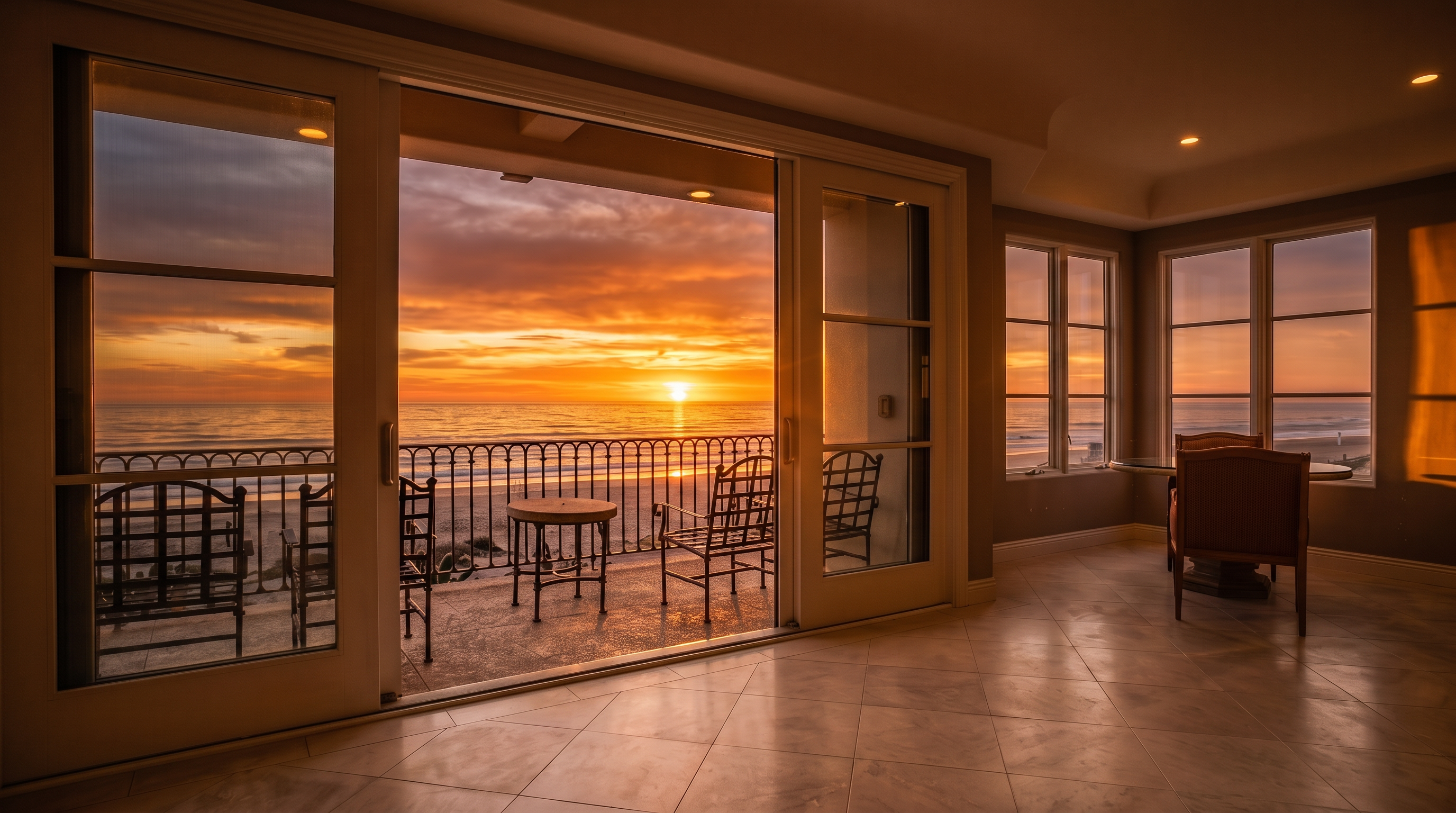 This bright, airy sunroom features large sliding glass doors that open onto a private balcony overlooking the ocean. The space is finished with light-colored tile flooring and includes a small dining area with a table and chairs, creating a seamless transition between indoor living and the coastal scenery. The expansive glass walls provide an unobstructed, panoramic view of the beach and horizon, emphasizing a serene and luxurious atmosphere.