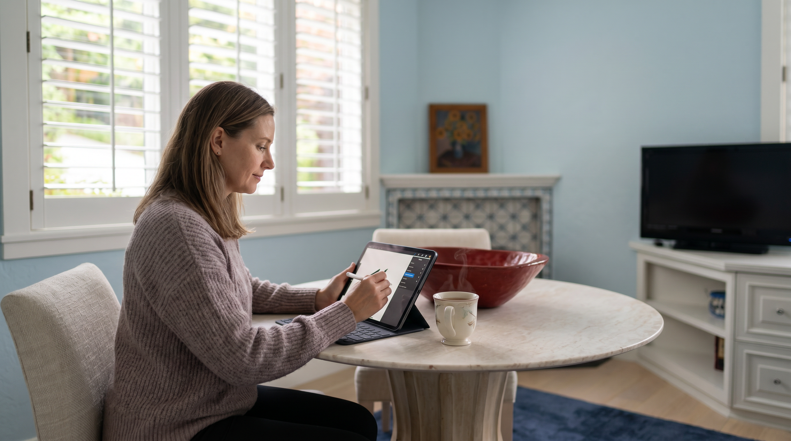 This bright and inviting home office or study features light blue walls and a large, round pedestal table paired with two upholstered chairs. A built-in desk unit with drawers sits beneath a window, while a small fireplace with a decorative tile surround adds a cozy focal point to the corner. The room is grounded by a deep blue area rug, creating a comfortable and functional workspace.