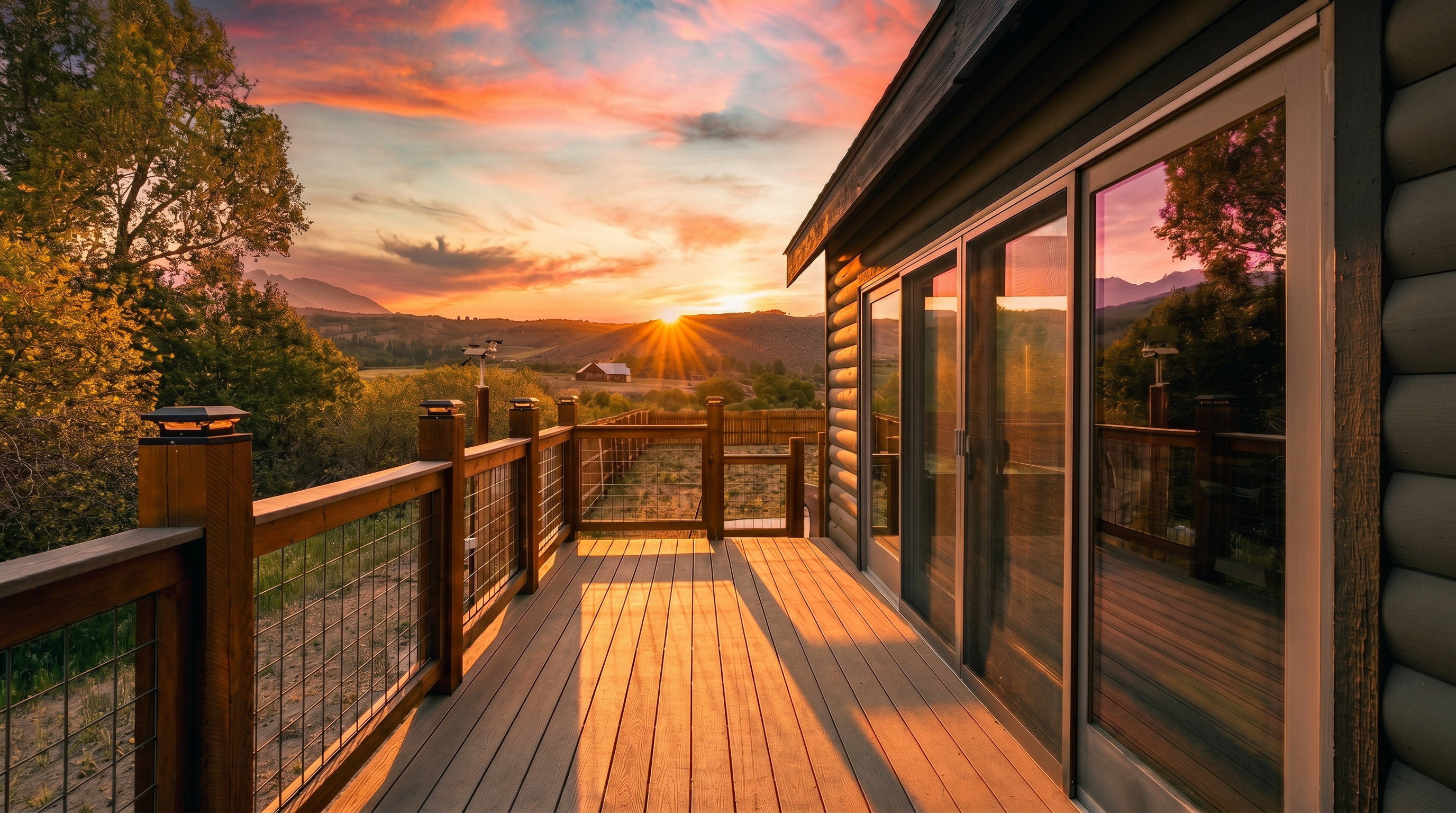 This image showcases a spacious, elevated deck attached to a log-style home, featuring light-toned composite decking and a sturdy railing with wire mesh panels. The deck offers an expansive, unobstructed view of a rural landscape with rolling hills and distant mountains under a clear blue sky. Large sliding glass doors provide seamless indoor-outdoor access, creating an inviting space for relaxation or entertaining in a serene, natural setting.