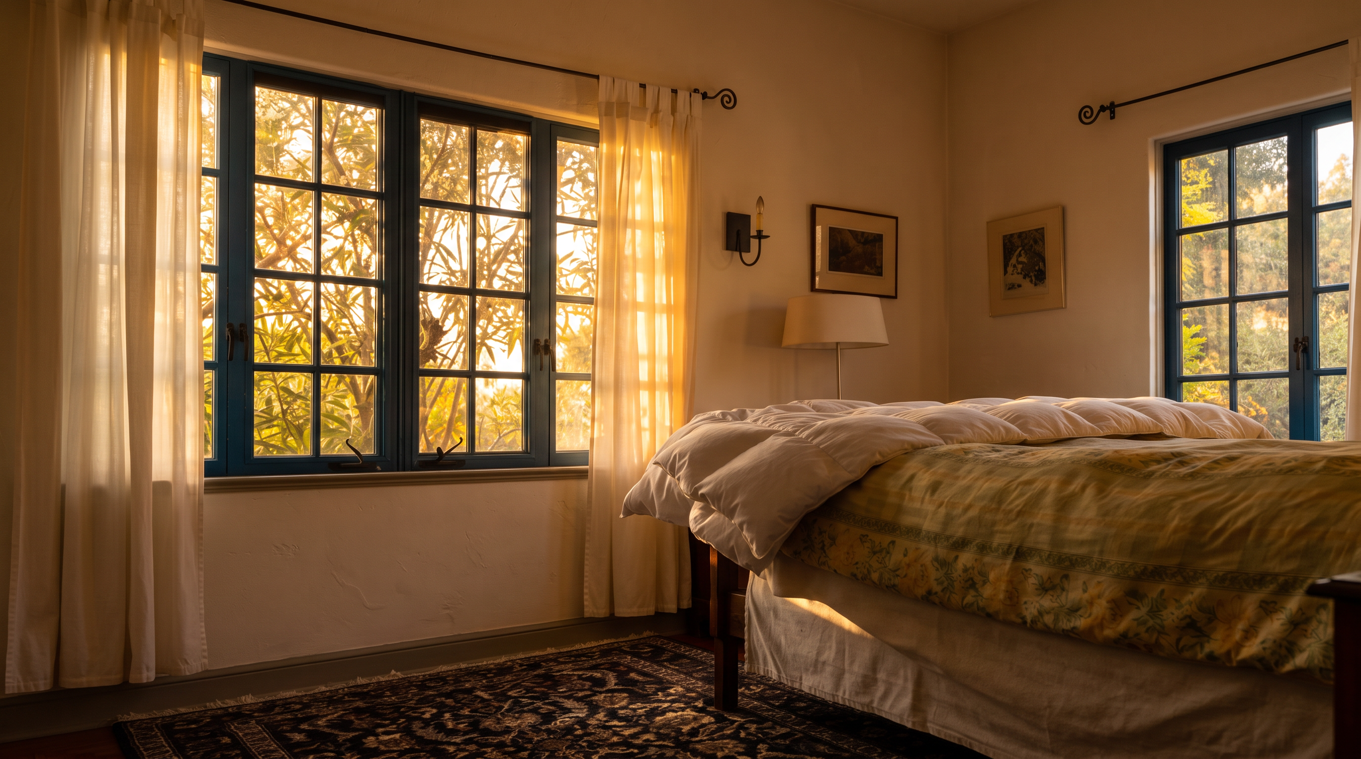 This cozy bedroom features warm wood flooring and a bed dressed in a light, patterned comforter. The room is brightened by two sets of windows with blue frames, dressed in simple white curtains, which allow natural light to fill the space. A small side table with a lamp and framed artwork on the walls add a personal, inviting touch to the room.