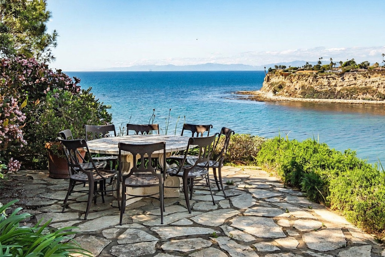 This outdoor patio space features a stone-paved terrace furnished with a round dining table and matching metal chairs, perfectly positioned to overlook the ocean. The setting offers a panoramic view of the coastline, including a prominent cliffside promontory and calm blue waters. Lush greenery and flowering bushes frame the scene, creating a serene and picturesque environment ideal for al fresco dining.