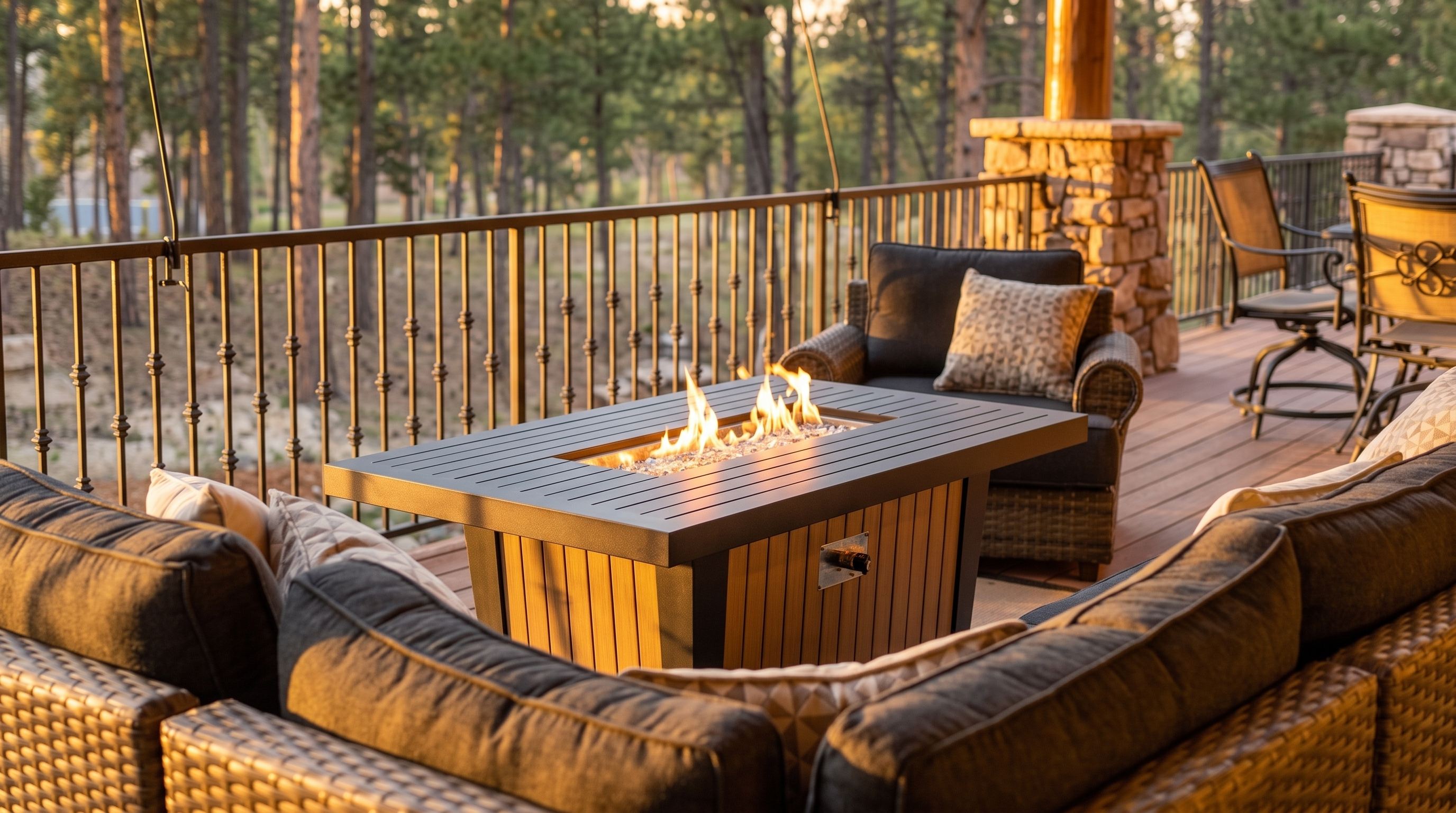 This spacious covered deck offers a serene outdoor living area with a comfortable sectional sofa and a central fire pit. The space is framed by rustic timber beams and overlooks a dense forest, creating a peaceful and private atmosphere. A separate dining set is positioned nearby, making this an ideal spot for entertaining against the backdrop of a sunset sky.
