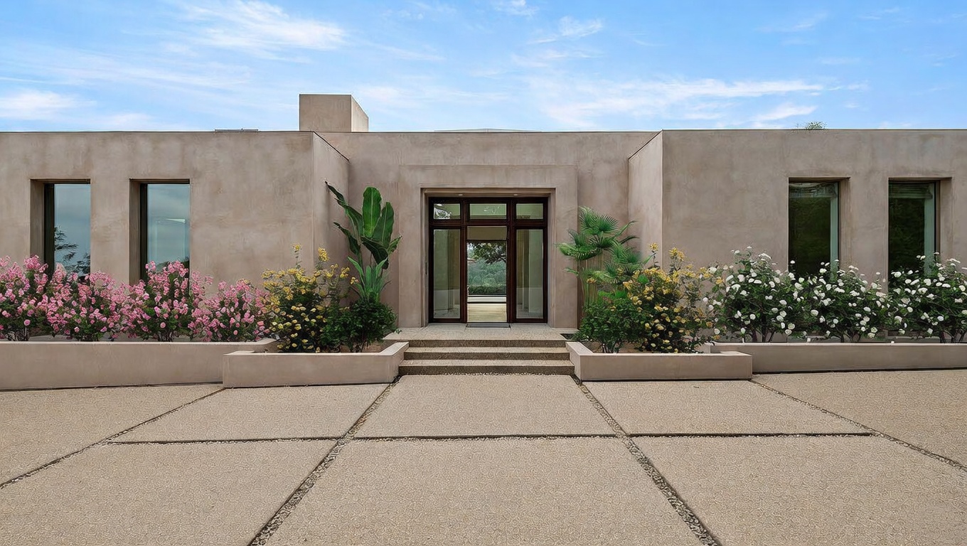 This modern, minimalist residence features a smooth, light-toned stucco facade with clean lines and symmetrical architectural elements. The grand entryway is framed by large glass doors, flanked by lush rose bushes and tropical greenery, creating a sophisticated and inviting curb appeal. The wide, textured concrete driveway leads directly to the entrance, emphasizing the property's spacious and contemporary design.
