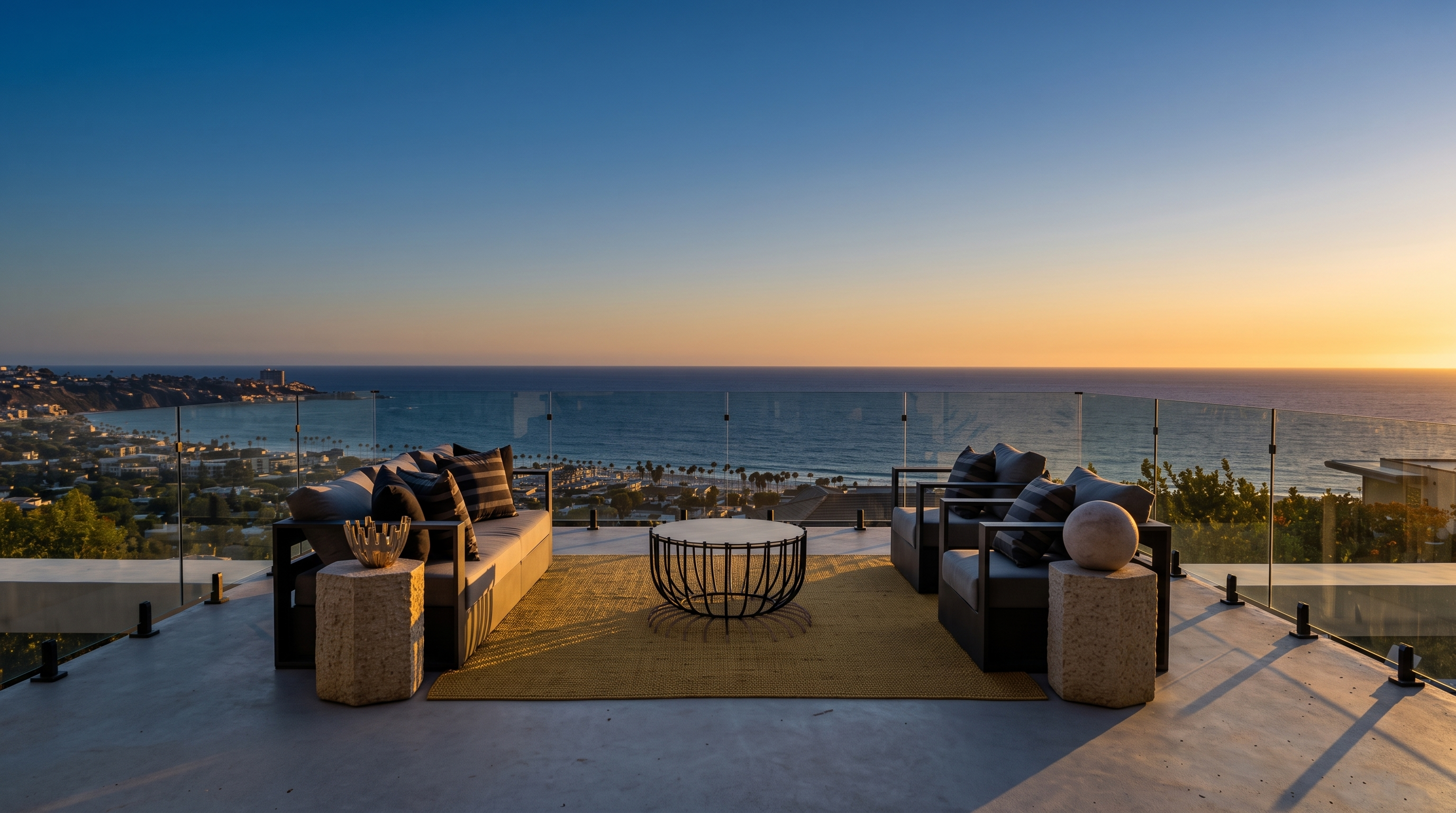 This expansive outdoor terrace offers a panoramic, unobstructed view of the ocean and coastline. The space is furnished with a contemporary seating arrangement, including a large sofa and matching armchairs centered around a circular coffee table on a textured rug. A sleek glass railing ensures the view remains the focal point, creating a seamless transition between the living space and the horizon.