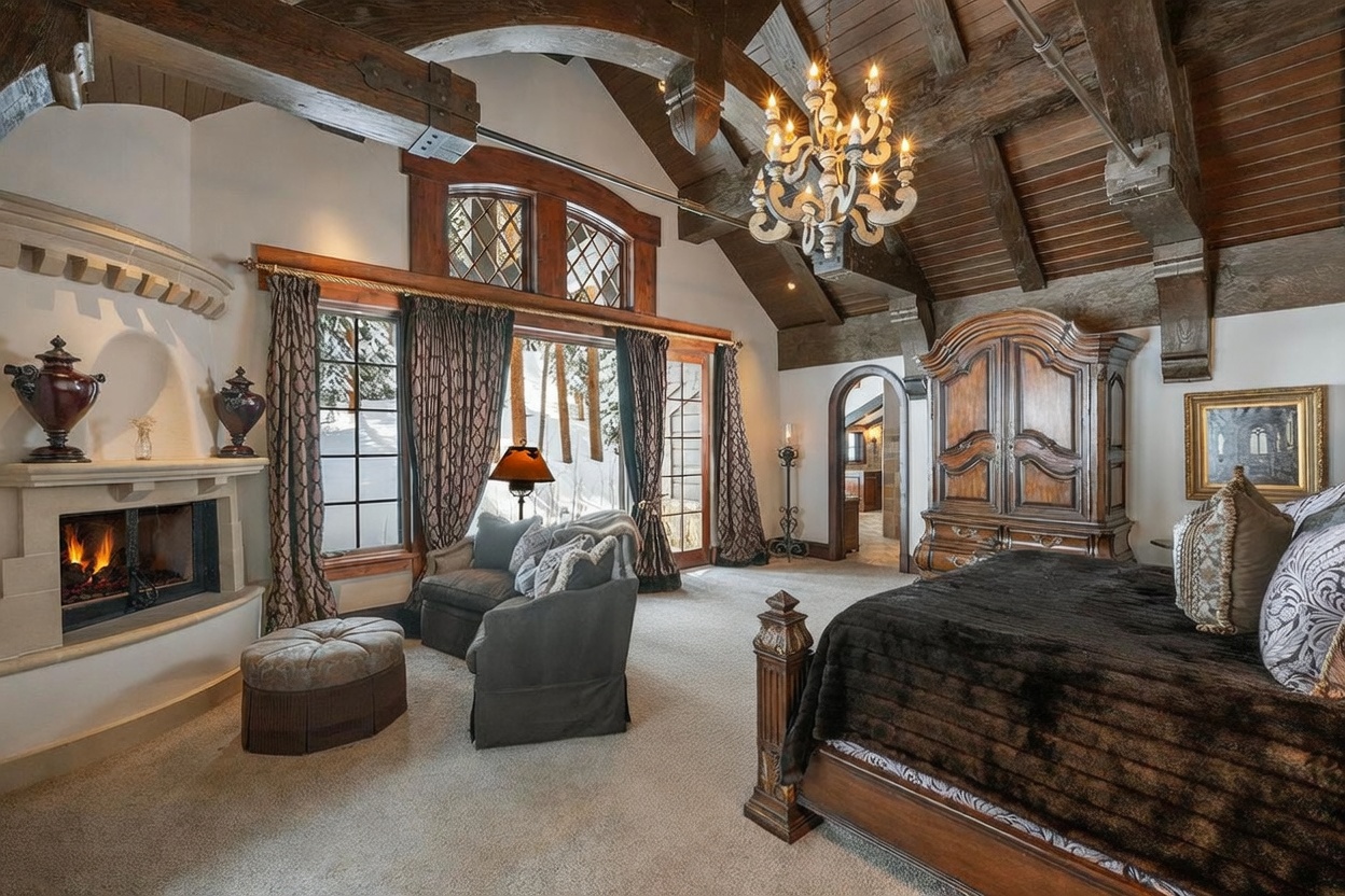 This luxurious primary bedroom features a vaulted ceiling with exposed timber beams and a grand chandelier, creating a rustic yet sophisticated atmosphere. A stone fireplace with a decorative mantel serves as a focal point, complemented by a cozy seating area and large windows that offer a view of the snowy exterior. The room is anchored by a dark, ornate wooden bed frame and a large armoire, all set against a backdrop of rich textures and warm lighting.