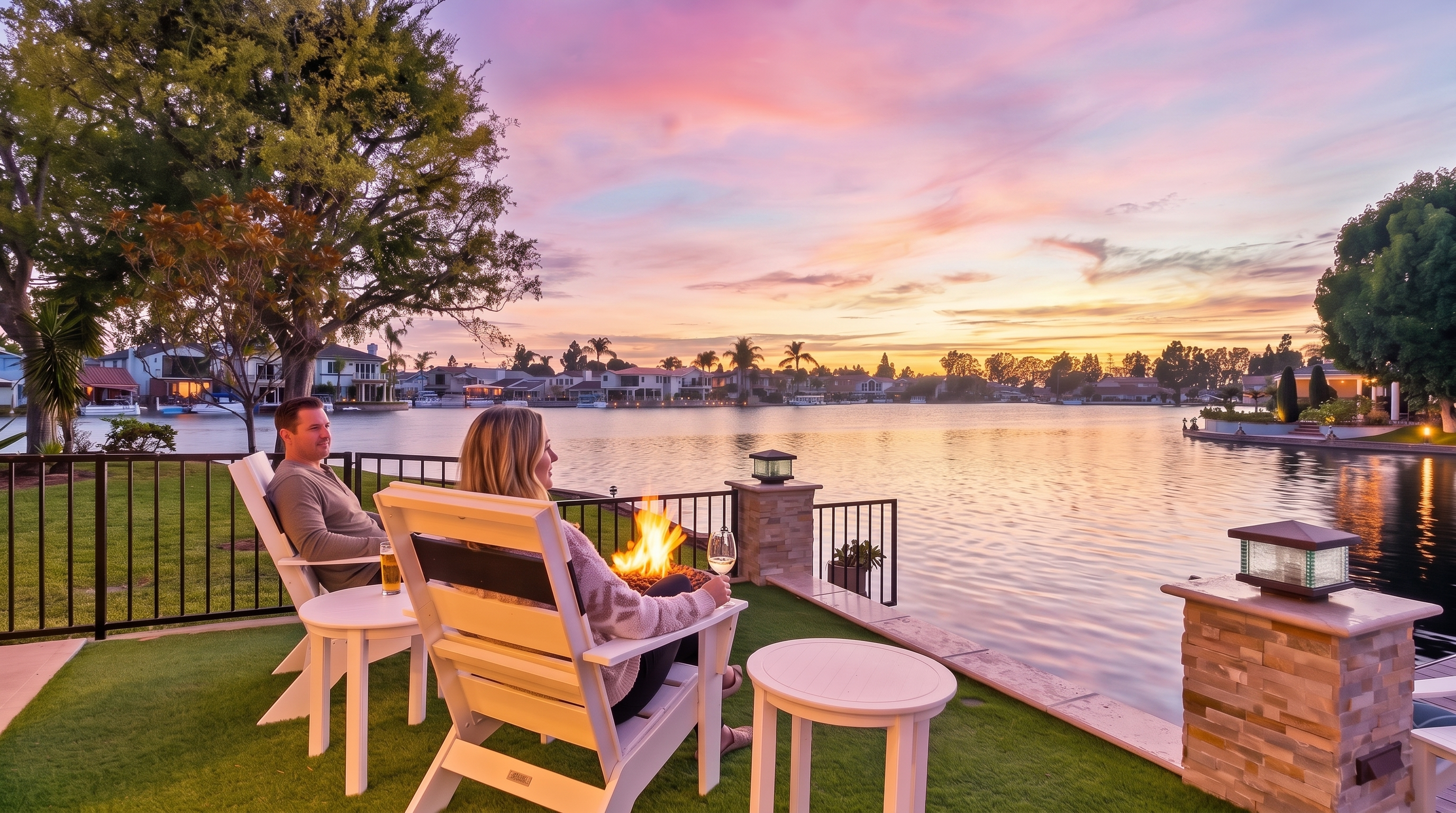 This tranquil waterfront patio space features comfortable outdoor seating arranged around a modern gas fire pit, perfect for enjoying sunset views. The area includes professional landscaping with synthetic turf, stone-columned lighting fixtures, and direct views of the serene lake and neighboring homes. Its elevated position along the bulkhead makes it an ideal spot for relaxation and entertaining.