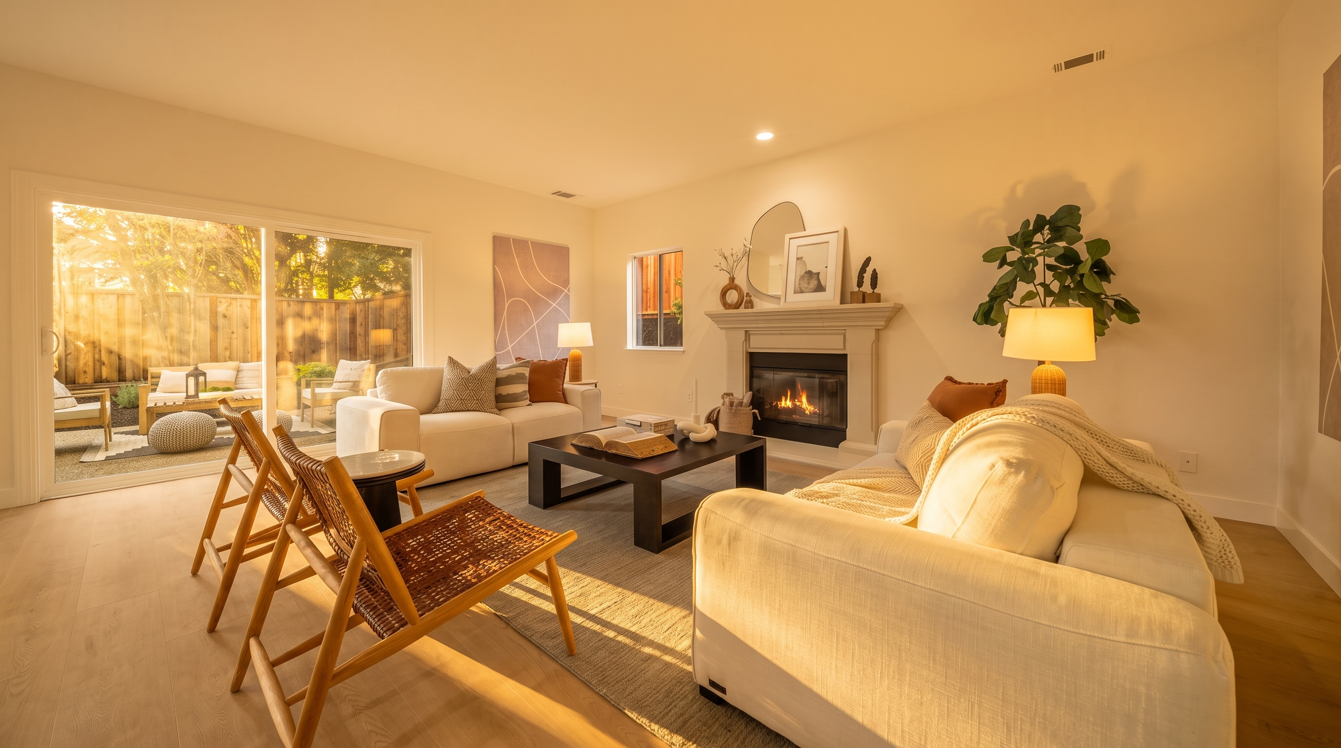 This bright and airy living room features a neutral color palette with two plush white sofas arranged around a dark wood coffee table. A central fireplace with a decorative mantel serves as a focal point, while large sliding glass doors provide a seamless transition to the outdoor patio area. The space is accented by woven chairs, a textured area rug, and light wood flooring, creating a warm and inviting atmosphere.