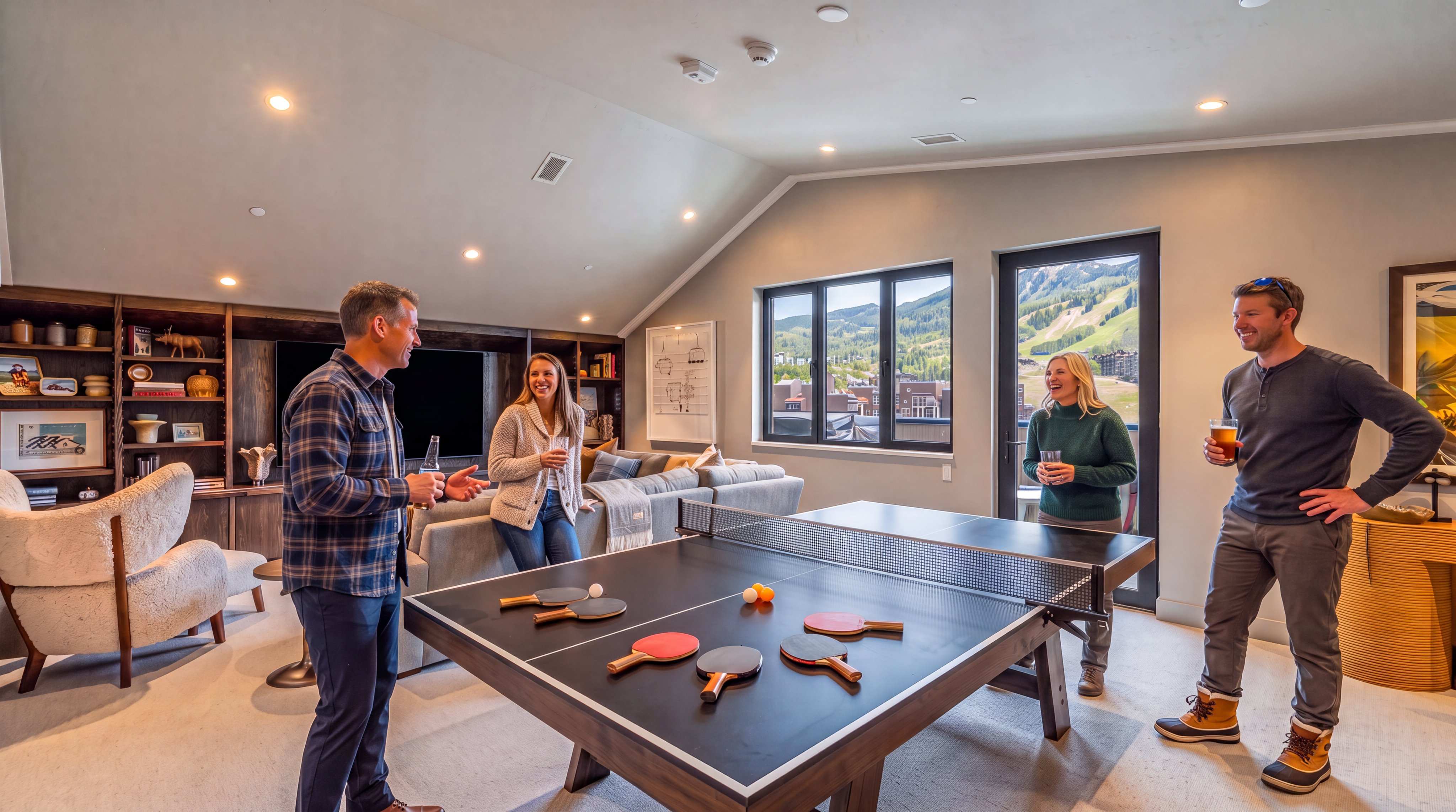 This spacious, multi-functional living area features a large sectional sofa facing a built-in media wall with dark wood shelving and a flat-screen television. In the foreground, a ping-pong table serves as a central recreational feature, while a cozy armchair sits to the side. Large windows and a glass door provide natural light and scenic mountain views, creating an inviting atmosphere for relaxation and entertainment.