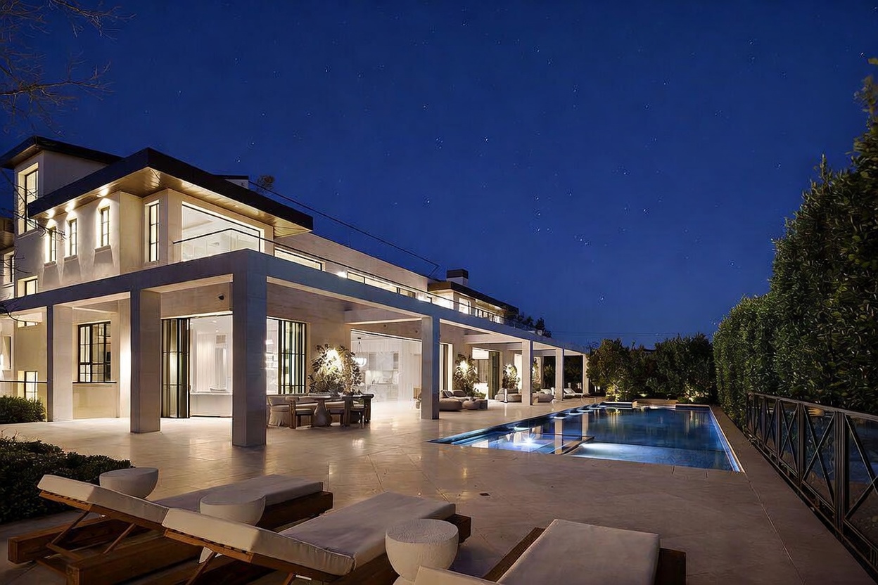 This stunning contemporary estate is captured at twilight, showcasing a seamless transition between the indoor living space and the expansive outdoor patio. A long, rectangular swimming pool serves as the focal point, reflecting the soft glow of the home's recessed lighting and the clear night sky. The architecture features clean lines, a covered loggia with ample seating, and lounge chairs positioned on the stone deck, creating an atmosphere of sophisticated luxury.