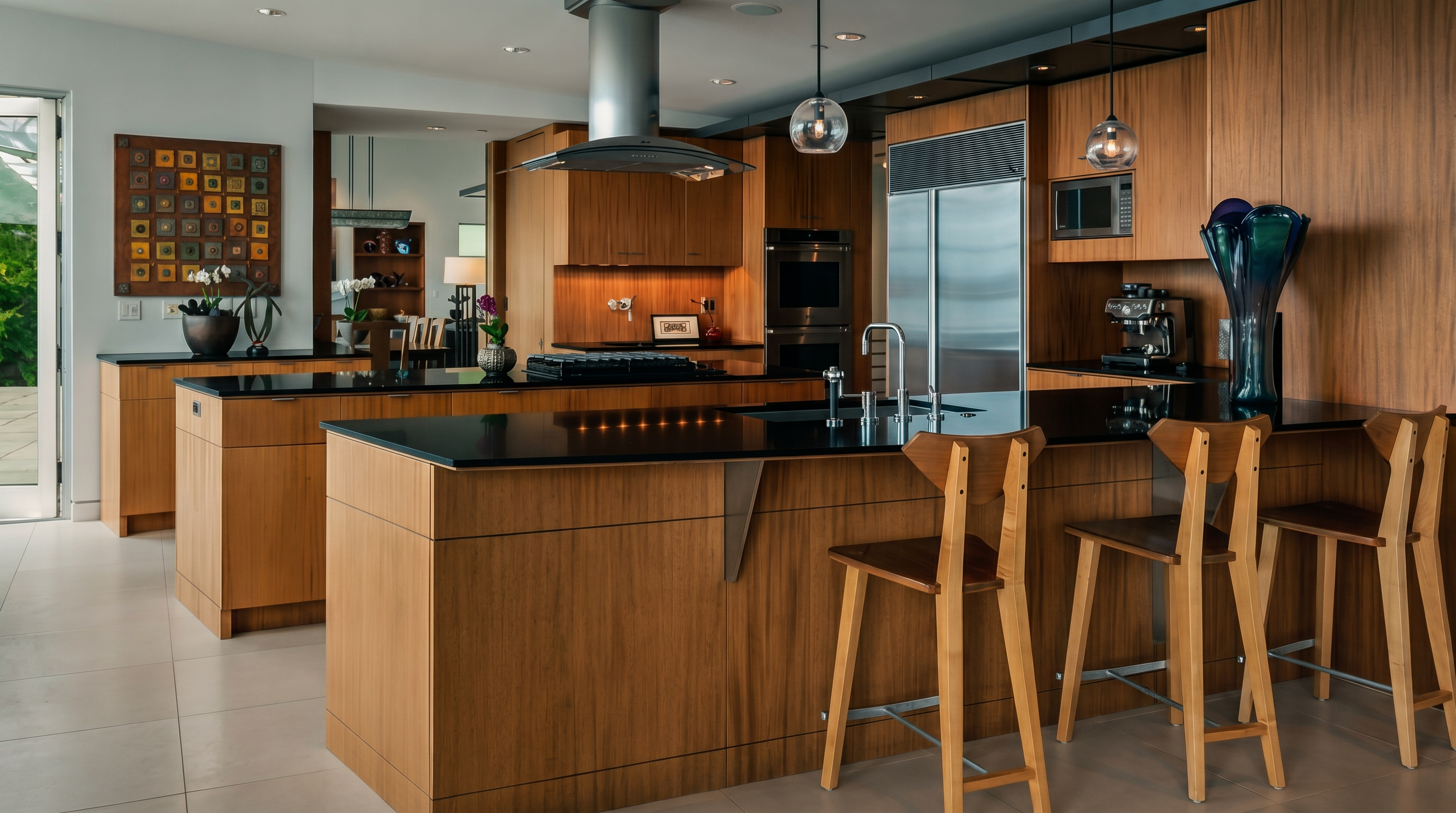This modern kitchen features warm-toned wood cabinetry paired with sleek black countertops and a large central island that includes bar seating. The space is equipped with high-end stainless steel appliances, including a built-in refrigerator and a professional-style range hood. Pendant lights hang above the island, and the open-concept layout provides a clear view into an adjacent dining area, creating a bright and sophisticated atmosphere.