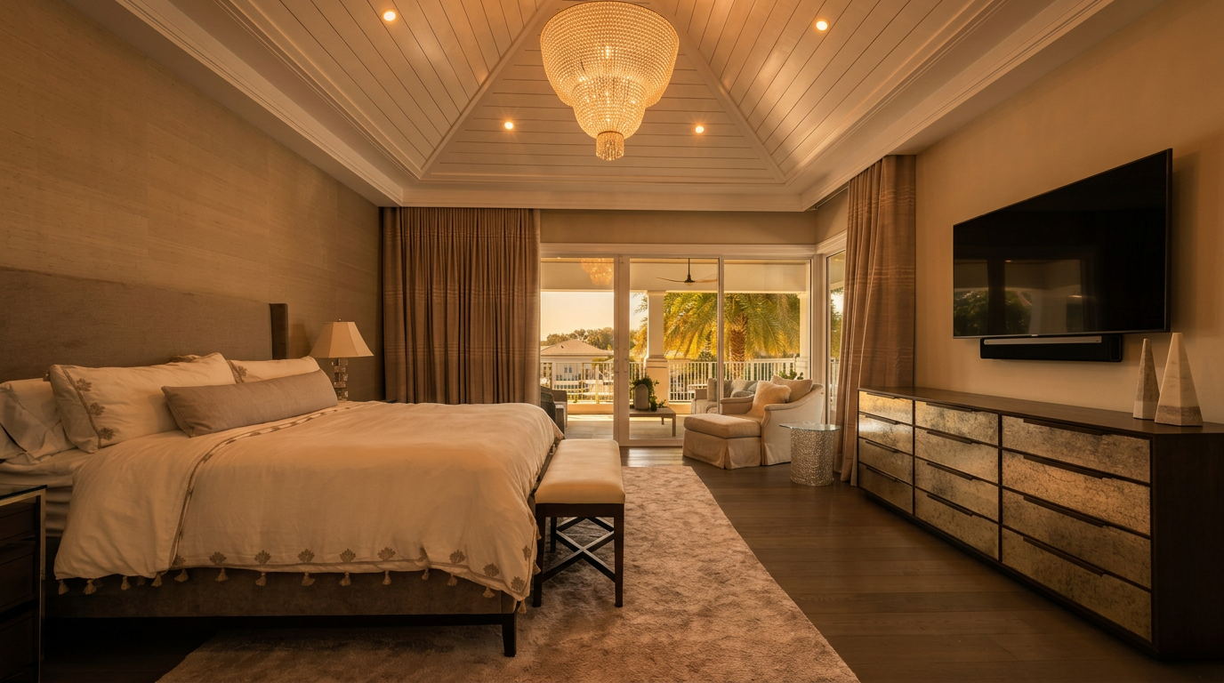 This spacious primary bedroom features a high, vaulted ceiling with white shiplap paneling and a large crystal chandelier as a central focal point. The room is anchored by a plush bed with neutral bedding, complemented by a textured area rug and a mirrored dresser beneath a wall-mounted television. Large glass sliding doors provide a seamless transition to an outdoor balcony, allowing natural light to fill the room and offering a view of the surrounding landscape.