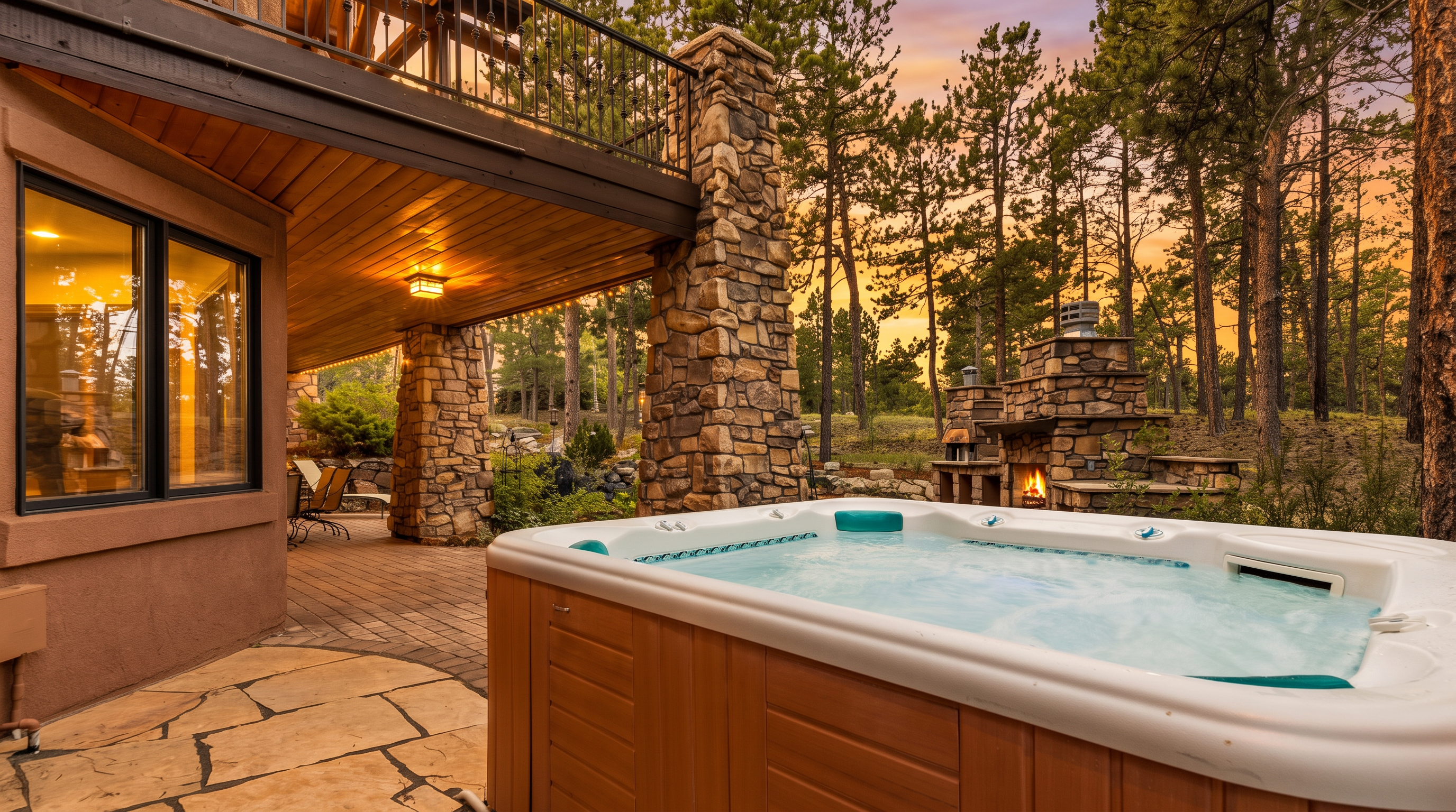 This outdoor living space features a large hot tub positioned on a stone-paved patio beneath a covered deck. The area is framed by rustic stone pillars and offers a view of a wooded backyard with a stone-built outdoor fireplace. The warm lighting under the deck and the sunset sky create a cozy, inviting atmosphere for relaxation.
