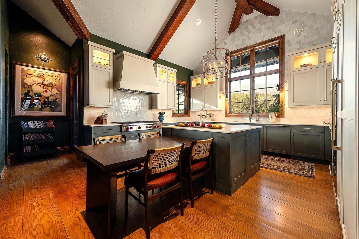 This elegant kitchen features a blend of dark green lower cabinetry and light-toned upper cabinets, complemented by a large central island with an integrated dining table. The space is defined by vaulted ceilings with exposed wooden beams, a large window overlooking a scenic landscape, and a decorative tile backsplash. The warm wood flooring and sophisticated pendant lighting create a welcoming and high-end atmosphere.