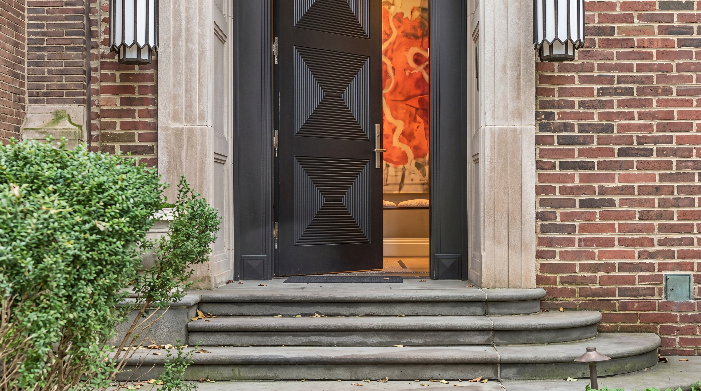 This elegant entryway features a grand, dark-toned door with a geometric diamond-patterned design, set within a classic stone-trimmed archway. The entrance is flanked by two tall, cylindrical wall-mounted lanterns and is accessed by a set of curved stone steps leading up from a paved walkway. The surrounding brick facade and the house number '1524' displayed above the door contribute to a sophisticated and timeless architectural aesthetic.
