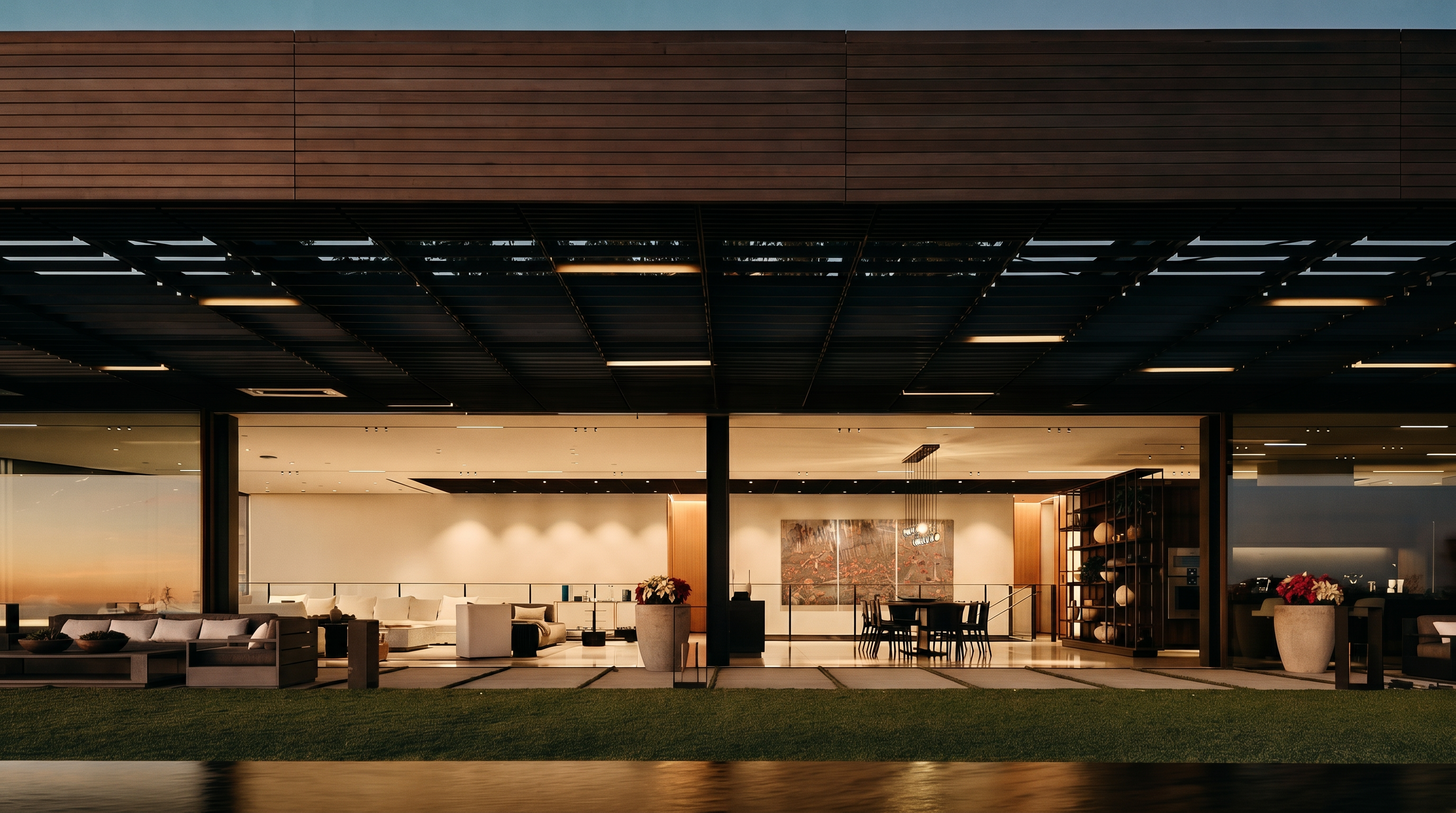 This stunning modern residence features a seamless indoor-outdoor transition, showcasing a vast covered patio that opens directly into a sleek, expansive living and dining area. The architectural design emphasizes clean lines, a dark metal ceiling structure with integrated lighting, and a tranquil infinity-edge water feature in the foreground. The overall aesthetic is one of sophisticated luxury, perfect for high-end entertaining and relaxed living.