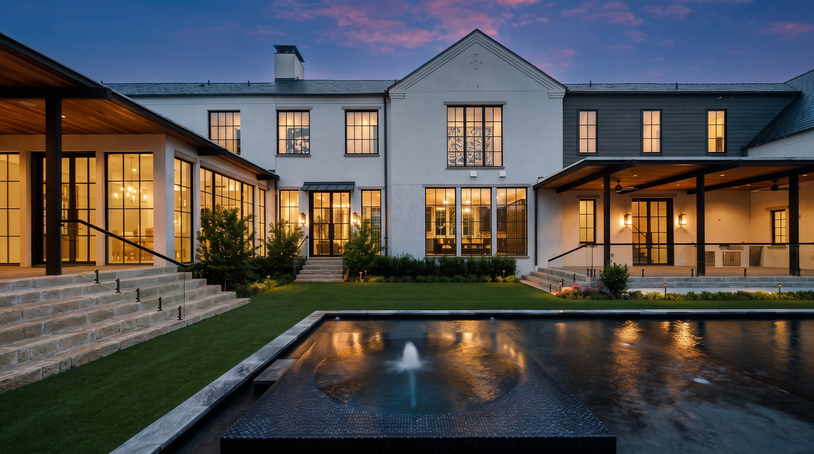 This stunning rear exterior view showcases a sophisticated modern estate with a crisp white facade, dark-framed windows, and a sprawling lawn. A prominent infinity-edge pool with a central fountain serves as the focal point, framed by stone steps and covered patio areas on either side. The architectural design blends clean lines with classic proportions, creating a luxurious and serene outdoor living space perfect for entertaining.