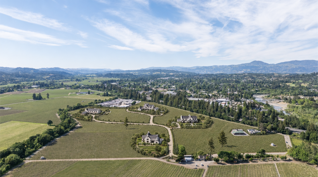 This stunning aerial view captures a sprawling vineyard estate featuring multiple luxurious homes nestled amongst rolling rows of grapevines. The property offers a serene, expansive landscape with mature trees and a scenic backdrop of distant mountains. The overall impression is one of exclusivity, tranquility, and high-end rural living.
