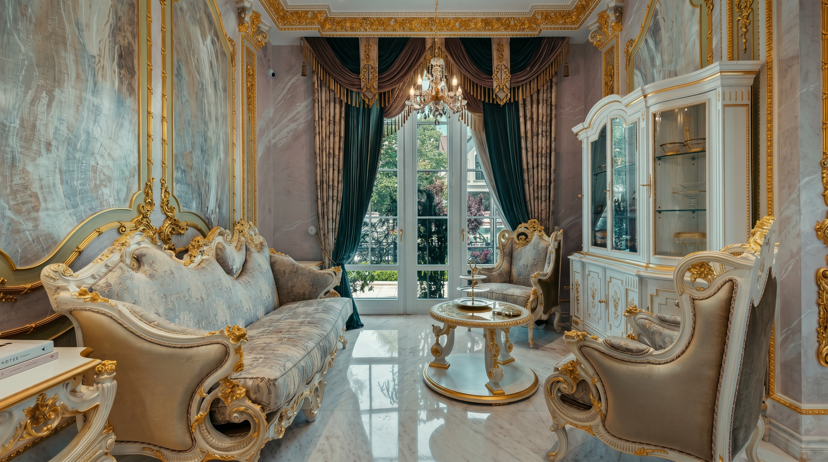 This opulent living room showcases a highly ornate, neoclassical design characterized by intricate gold-leaf moldings, marble flooring, and luxurious velvet drapery. The space is furnished with sophisticated, carved-wood furniture featuring gold accents, centered around a small pedestal table and a grand display cabinet. The perspective is a wide-angle, eye-level shot that captures the symmetry and lavish detail of the room, emphasizing its regal and formal atmosphere.
